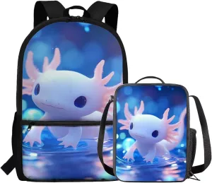 Axolotl Backpack Purse for Boys Lightweight 2 Pcs Bookbag Set for School Large Capacity School Bag Set for Primary School Students Travel Knapsack