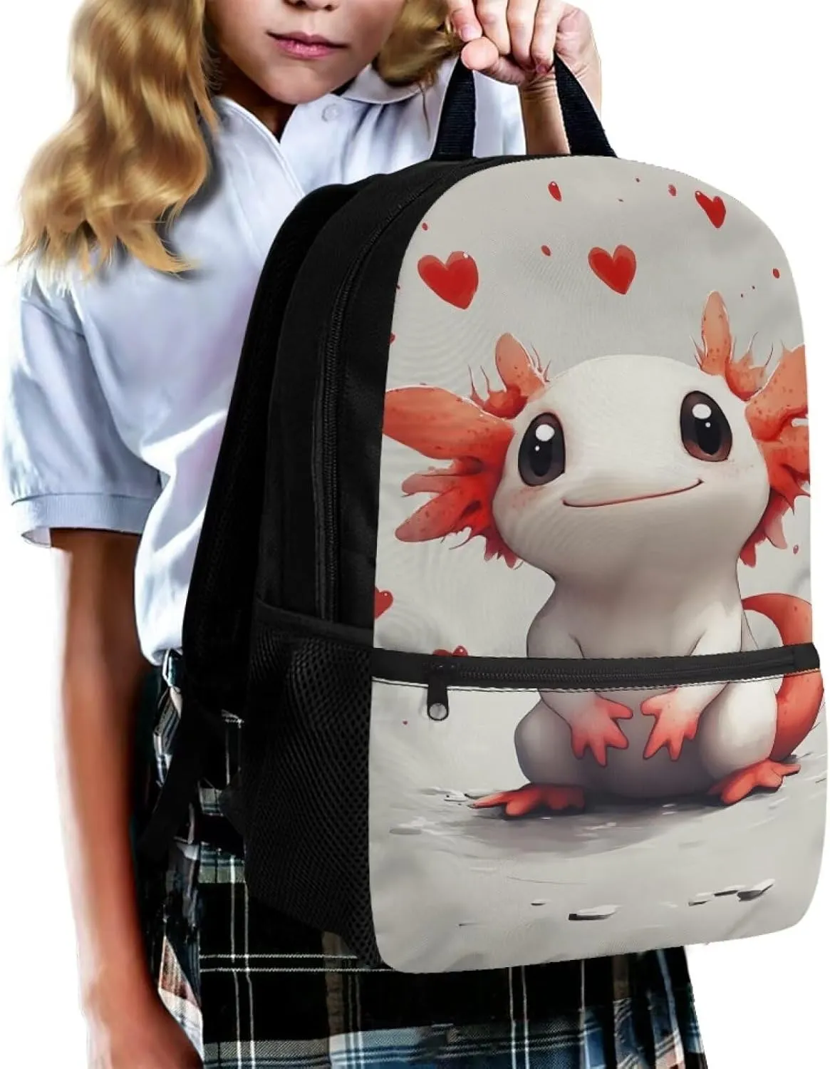 Axolotl Elementary Girls Backpack Kawaii Aesthetic School Back Pack for School Study Large Capacity Travel Daypack for Kids 6-9 Ages Utility 17 Inch Book Bags