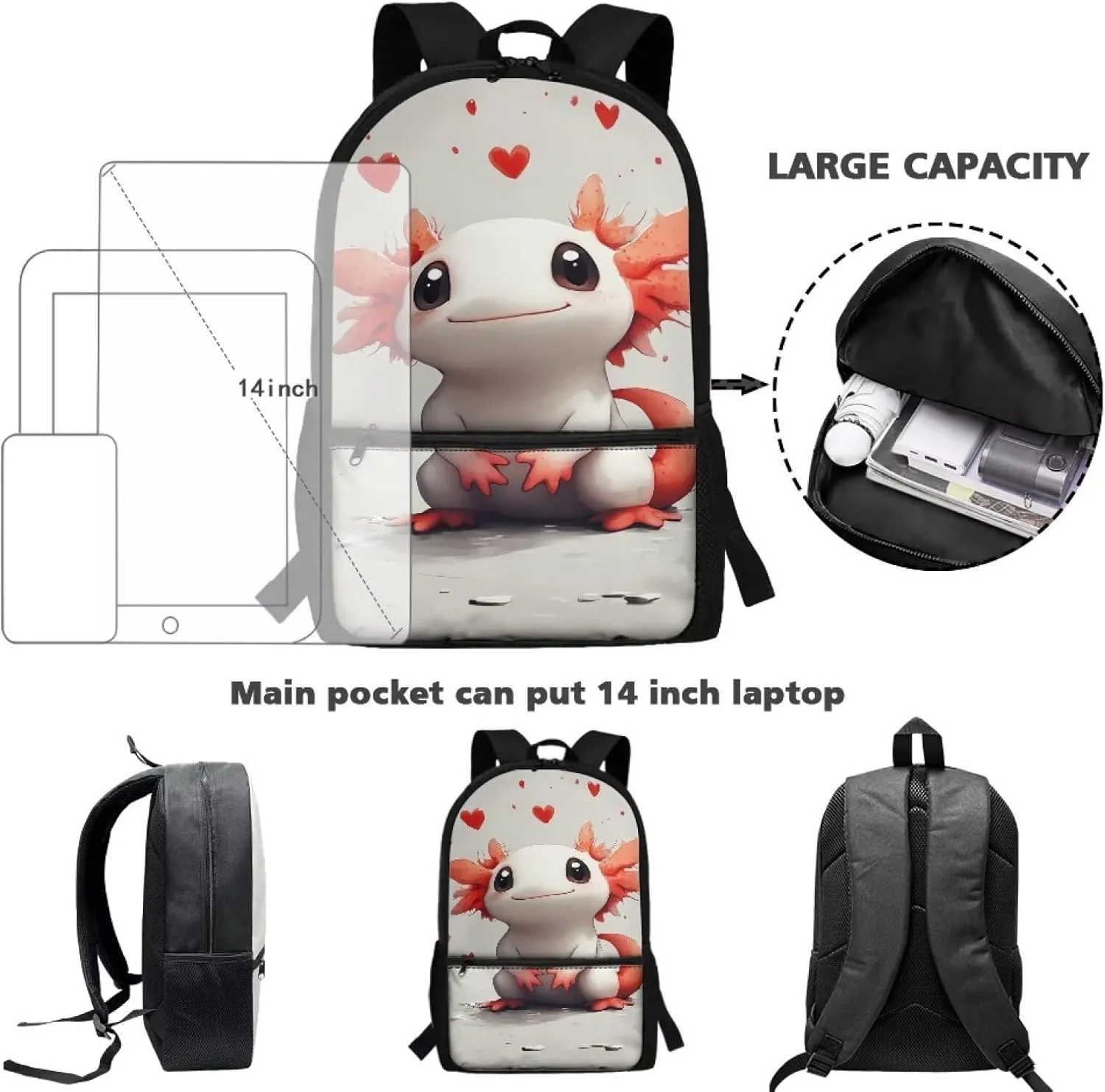 Axolotl Elementary Girls Backpack Kawaii Aesthetic School Back Pack for School Study Large Capacity Travel Daypack for Kids 6-9 Ages Utility 17 Inch Book Bags