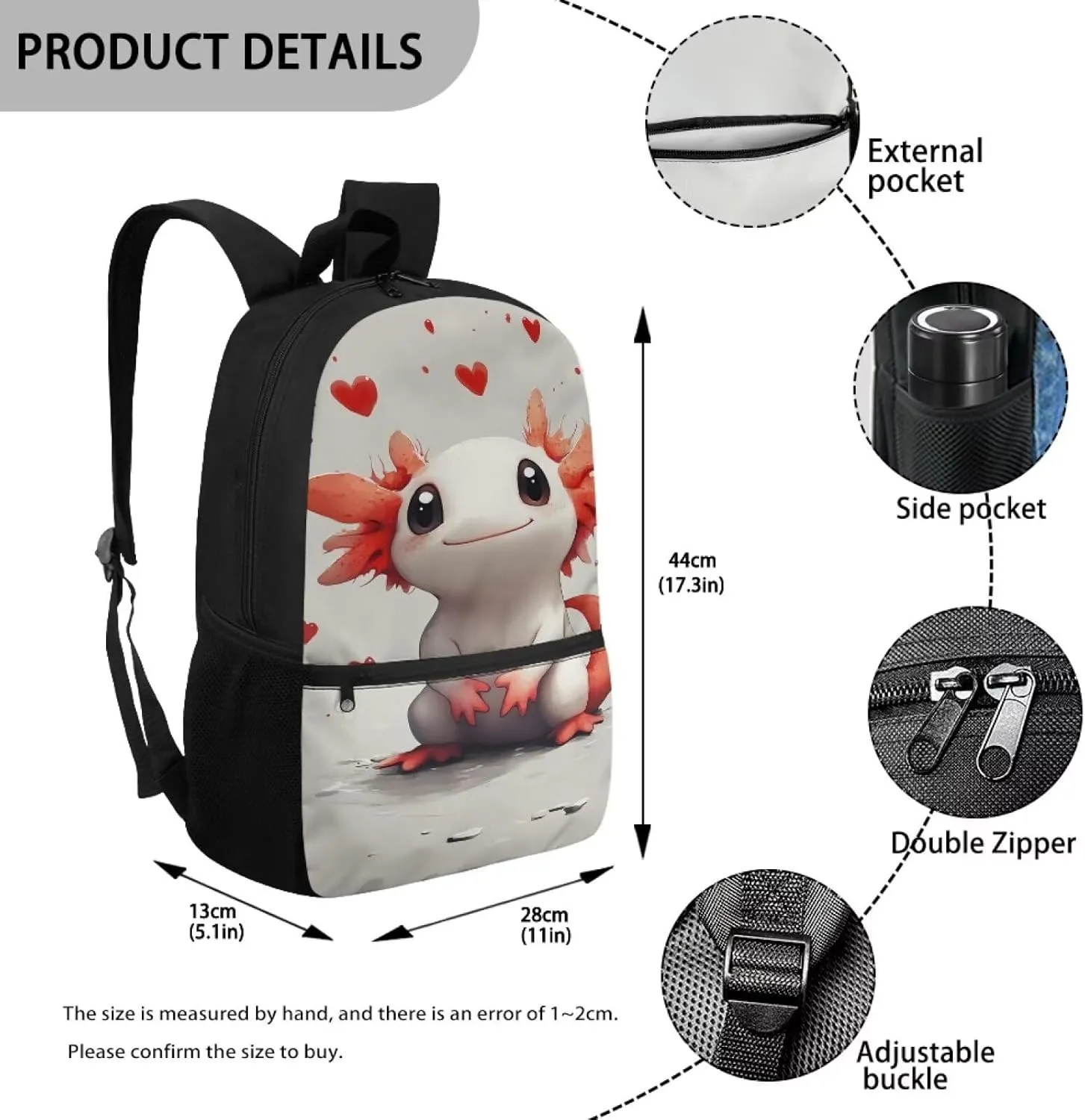 Axolotl Elementary Girls Backpack Kawaii Aesthetic School Back Pack for School Study Large Capacity Travel Daypack for Kids 6-9 Ages Utility 17 Inch Book Bags