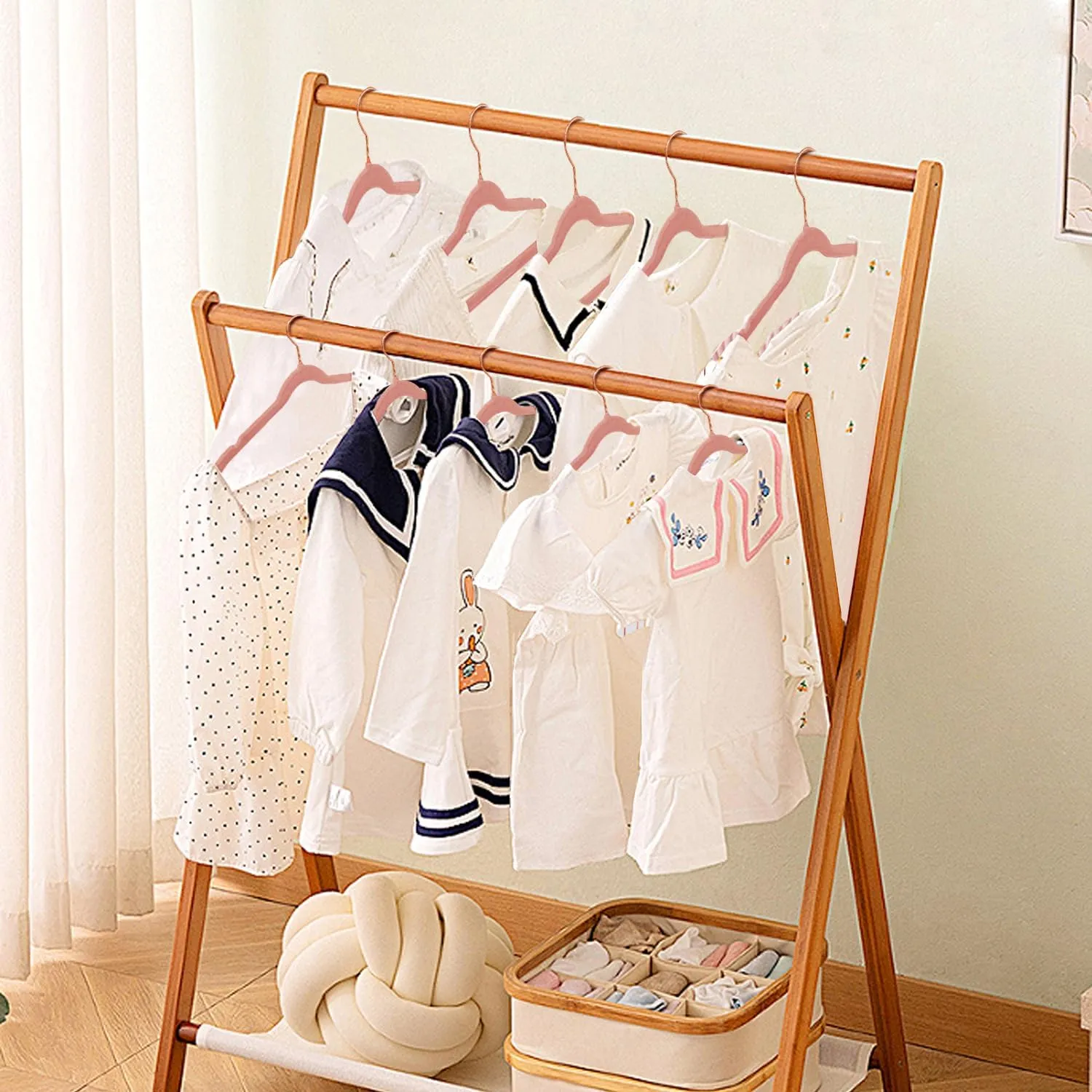 Baby Velvet Hangers, 32 Packs Kids Clothes Hangers, Non-Slip Childrens Hangers with Shoulder Notches, Storage Organizer Clothing Hangers for Infant and Toddler Pink (Rose Gold Hook)