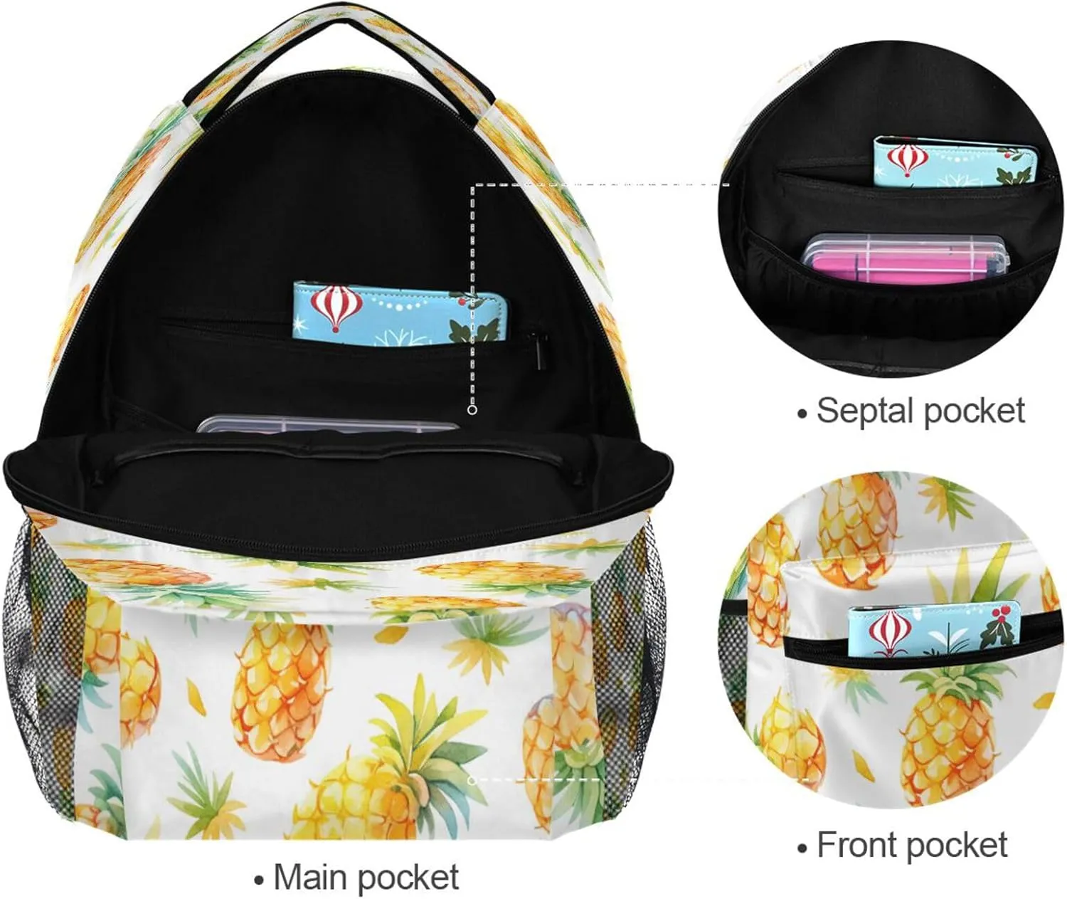 Backpack for Teacher Nurse Waterproof Laptop Bookbag with Chest Strap for College Work Hand-drawn Pineapples and Pineapple Slices Pattern_