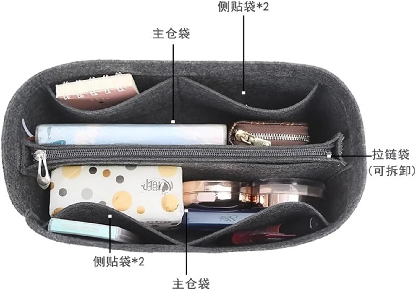 Bag organizer liner storage bag for LV keepall handbags bag storage plug-in portable cosmetic bag(Blcak gray a,For keepall 25)