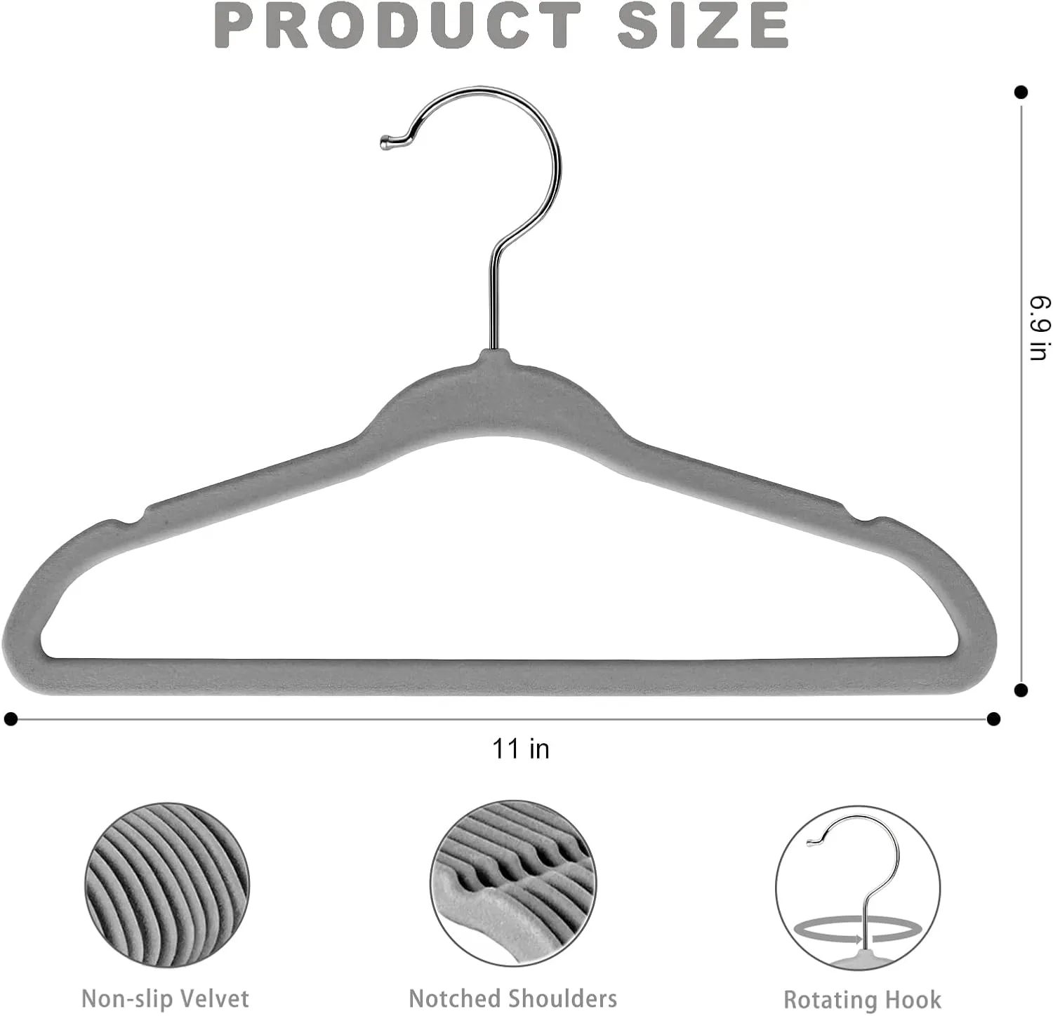 BAGAIL Kids Velvet Hangers 11 Inches Children's Clothes Hangers Non-Slip Baby Hangers for Infant/Toddler (Grey,50pack)