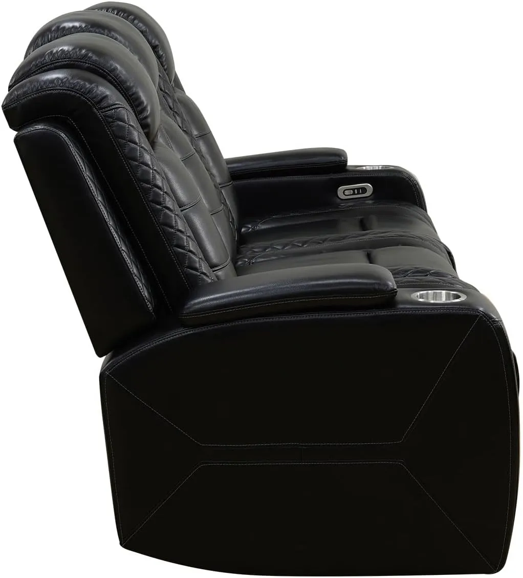 Ball & Cast Power Recliner Sofa Sectional Couch,Breathing Leather Living Room Reclining w/Wireless Chargers LED,Home Theater 3 Seat Couches with Lighting Reversible Coffe Table & Metal Support,Black