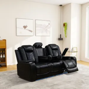 Ball & Cast Power Recliner Sofa Sectional Couch,Breathing Leather Living Room Reclining w/Wireless Chargers LED,Home Theater 3 Seat Couches with Lighting Reversible Coffe Table & Metal Support,Black