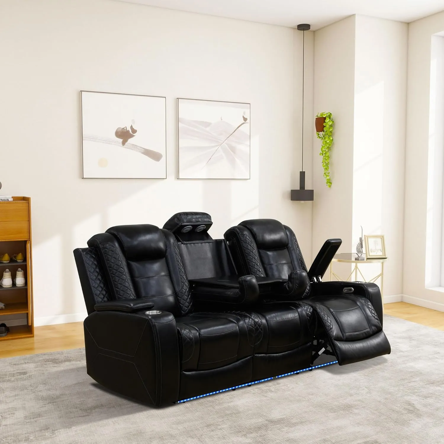 Ball & Cast Power Recliner Sofa Sectional Couch,Breathing Leather Living Room Reclining w/Wireless Chargers LED,Home Theater 3 Seat Couches with Lighting Reversible Coffe Table & Metal Support,Black