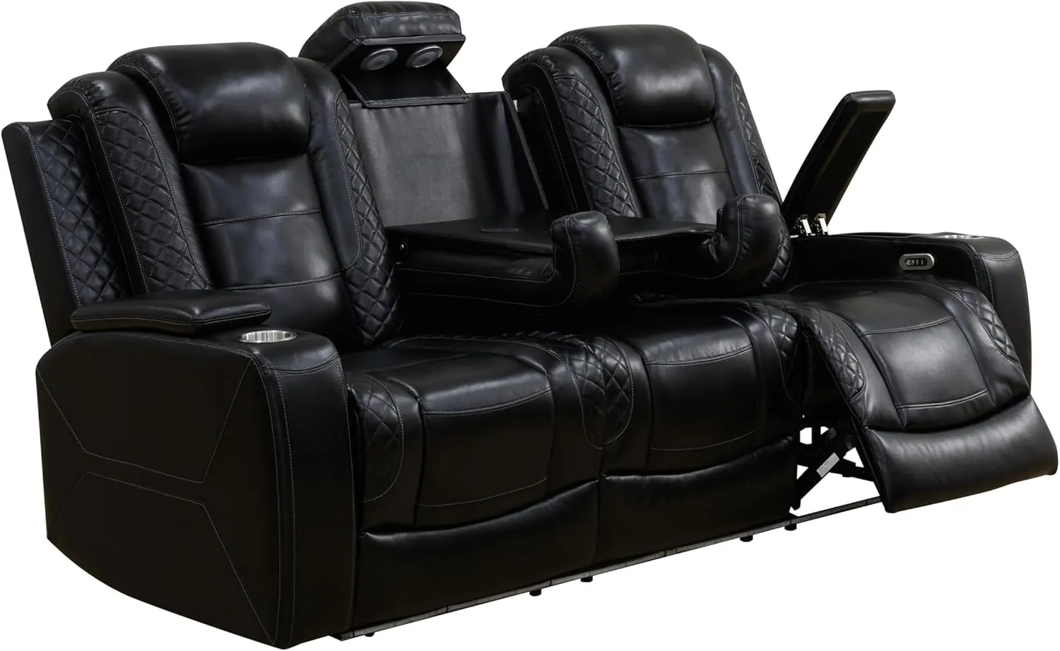 Ball & Cast Power Recliner Sofa Sectional Couch,Breathing Leather Living Room Reclining w/Wireless Chargers LED,Home Theater 3 Seat Couches with Lighting Reversible Coffe Table & Metal Support,Black
