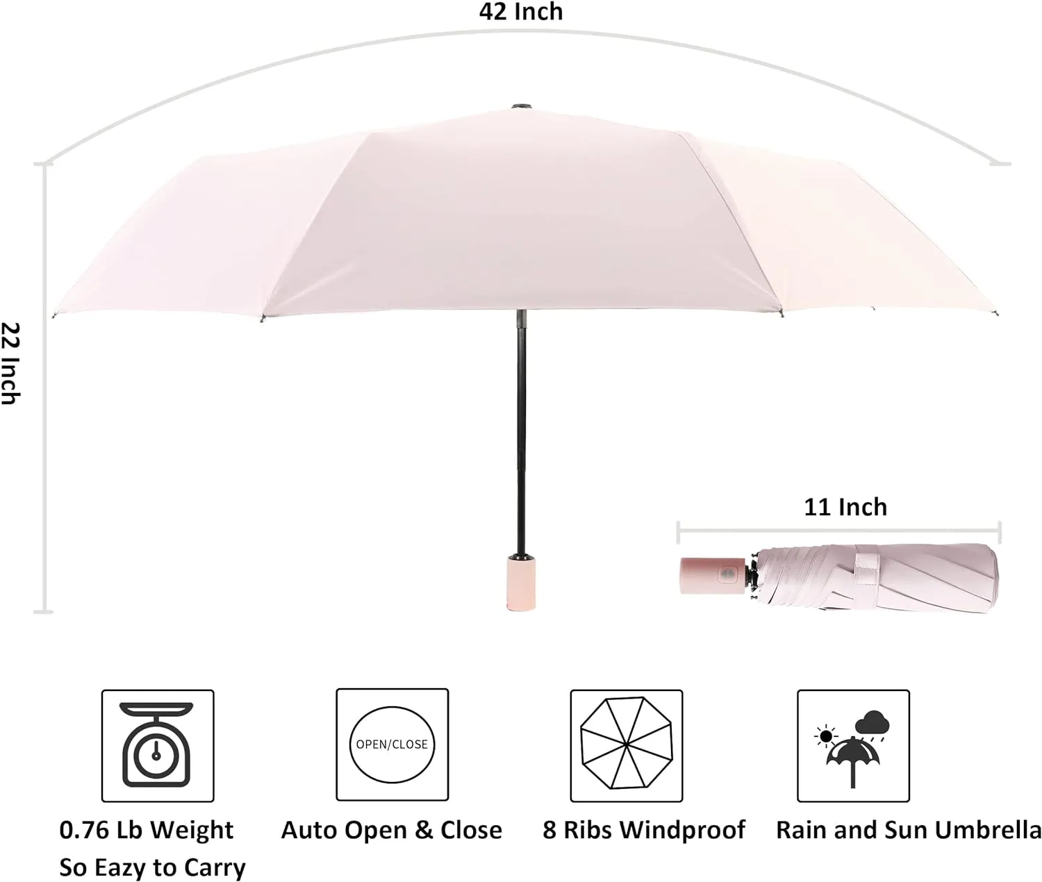 BAODINI Small UV Protection Travel Umbrella Compact for Rain and Sun UPF 50  Windproof Portable 42 inch Umbrella for Women and Men