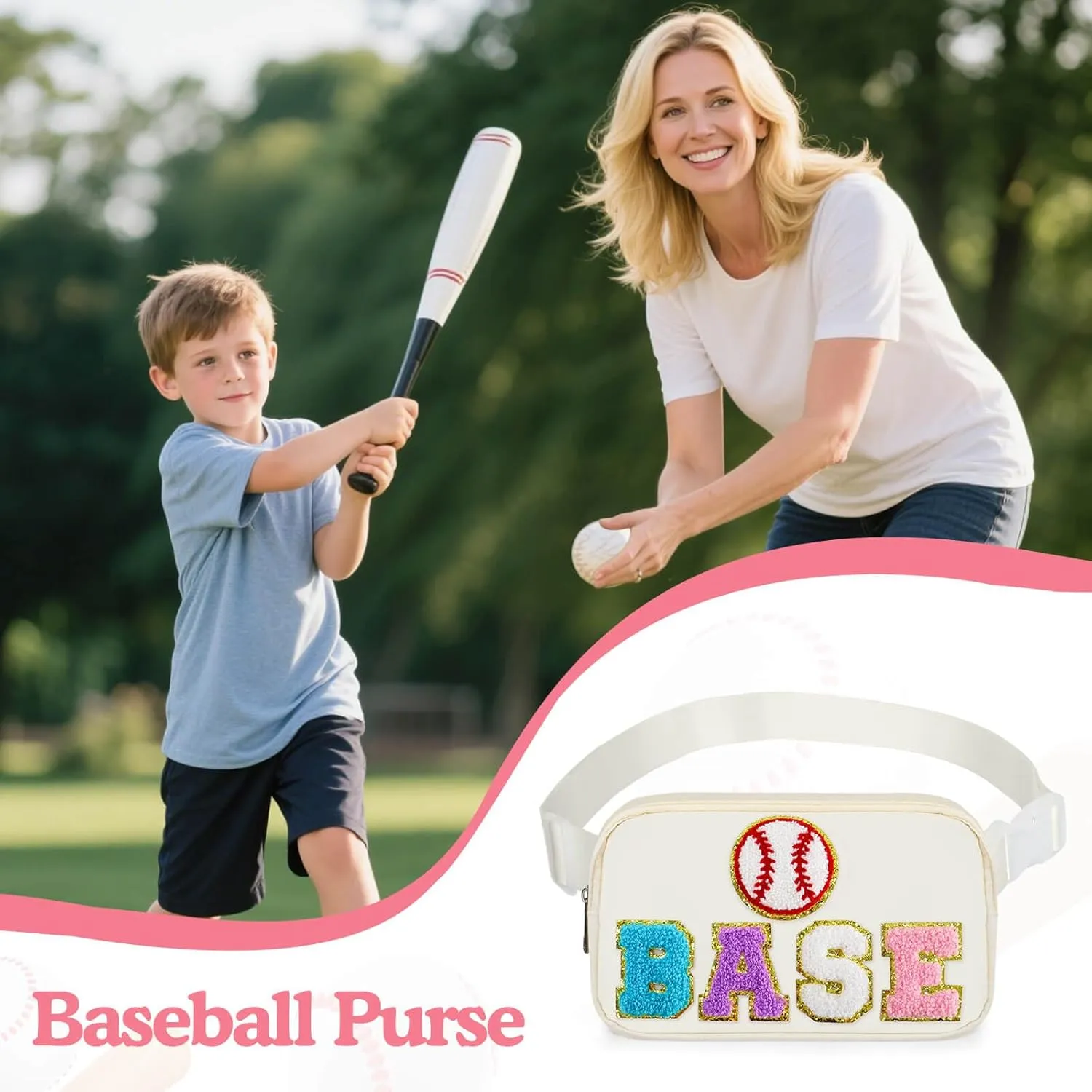 Baseball Mom Bag, Softball Purse Fanny Waist Pack For Mother's Day Christmas Birthday Gifts, Fashion Women Crossbody Belt Bags Baseball Moms Travel Accessories, White