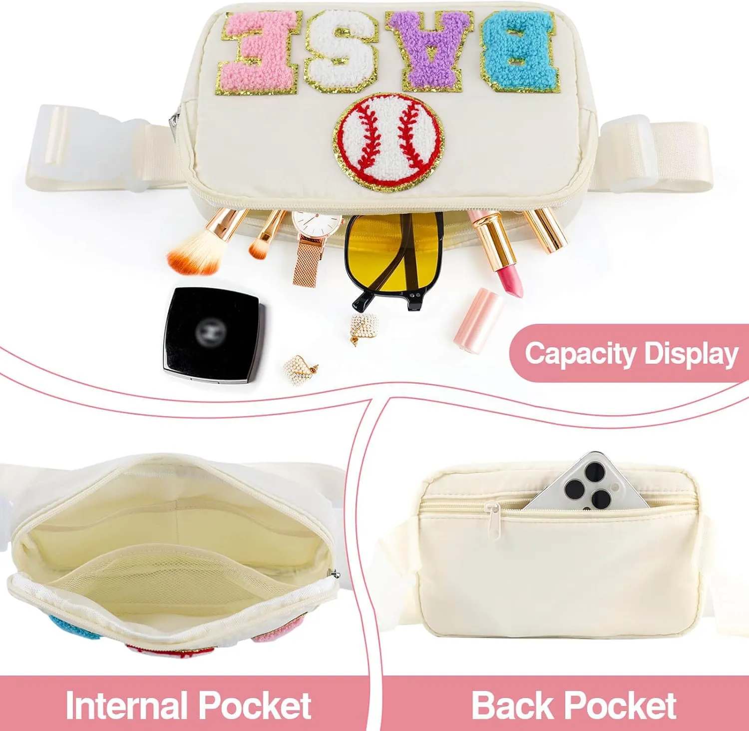Baseball Mom Bag, Softball Purse Fanny Waist Pack For Mother's Day Christmas Birthday Gifts, Fashion Women Crossbody Belt Bags Baseball Moms Travel Accessories, White
