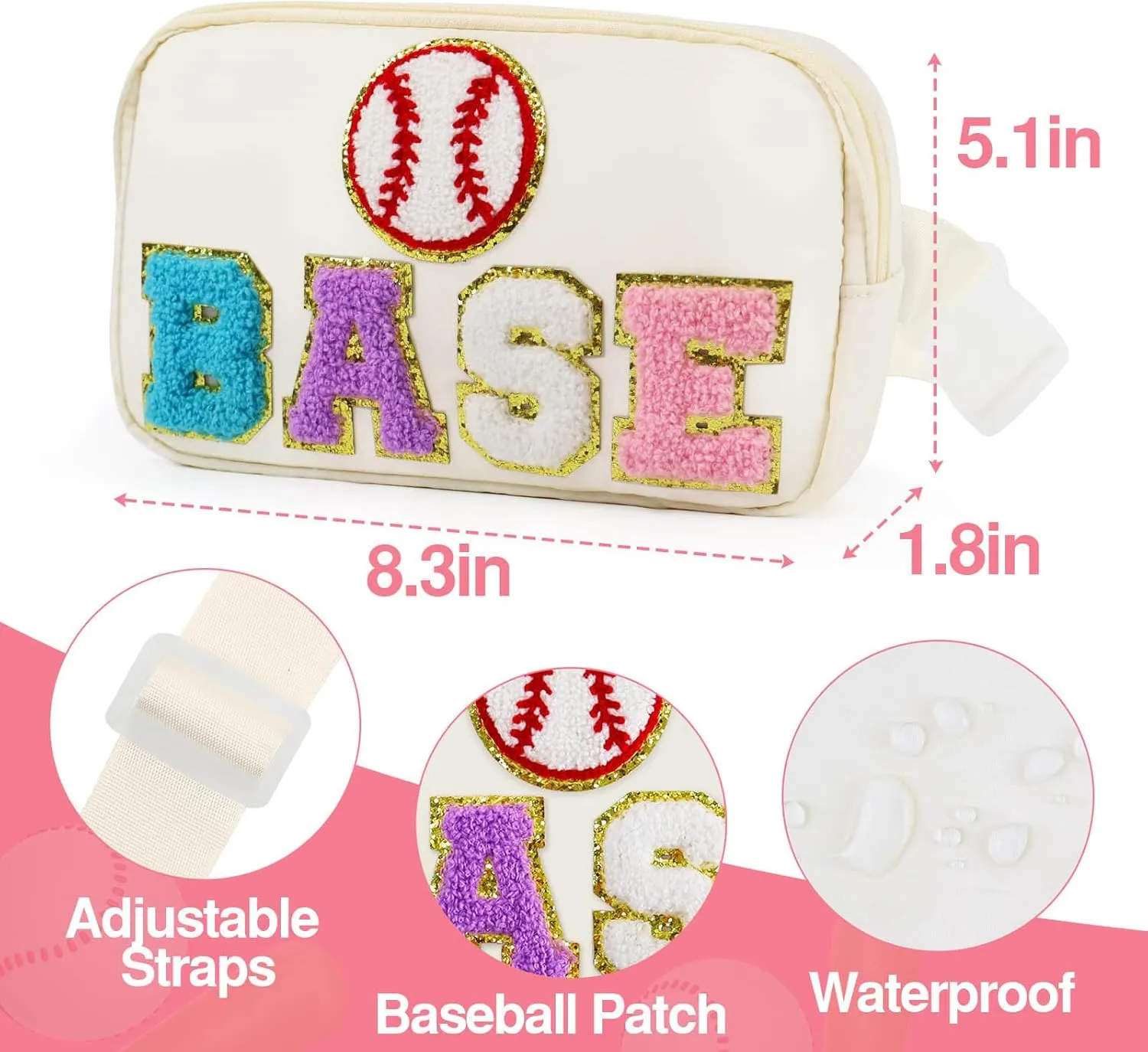 Baseball Mom Bag, Softball Purse Fanny Waist Pack For Mother's Day Christmas Birthday Gifts, Fashion Women Crossbody Belt Bags Baseball Moms Travel Accessories, White