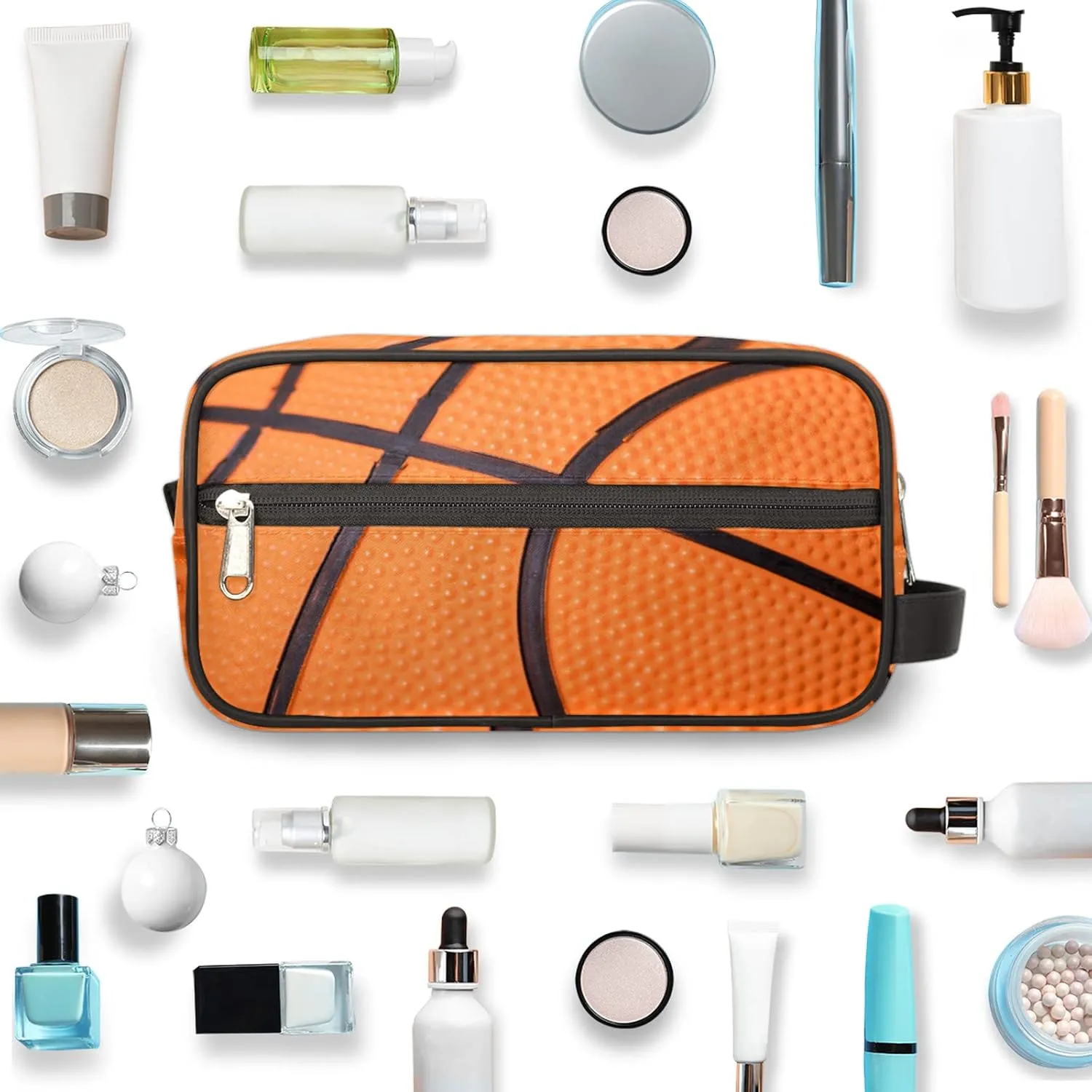 Basketball Texture Ball Portable Travel Toiletry Bag, Sport Dopp Kit Cosmetic Organizer Makeup Bag Shower Shaving Bag for Men Women