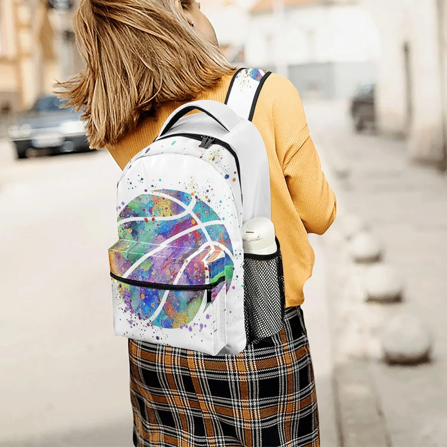 Basketball Watercolor Art Backpack Personalized Name Waterproof Travel Bag for Boys Girls Gift