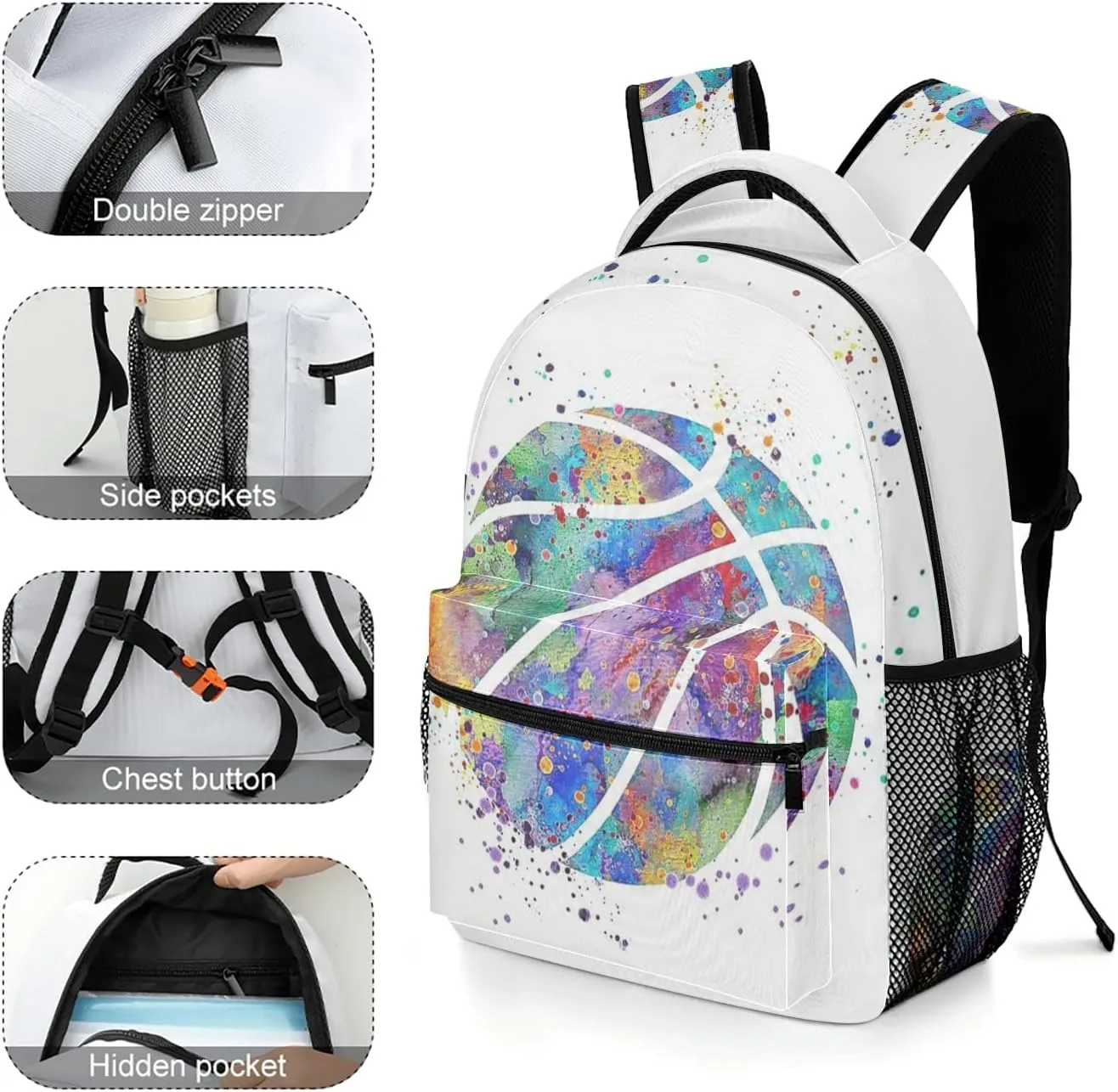 Basketball Watercolor Art Backpack Personalized Name Waterproof Travel Bag for Boys Girls Gift