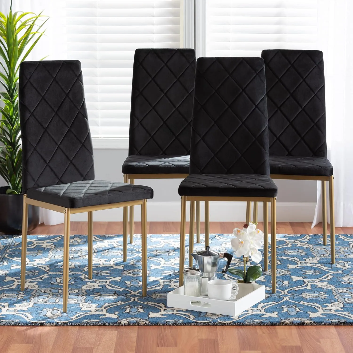 Baxton Studio Blaise Modern Luxe and Glam Black Velvet Fabric Upholstered and Gold Finished Metal 4-Piece Dining Chair Set
