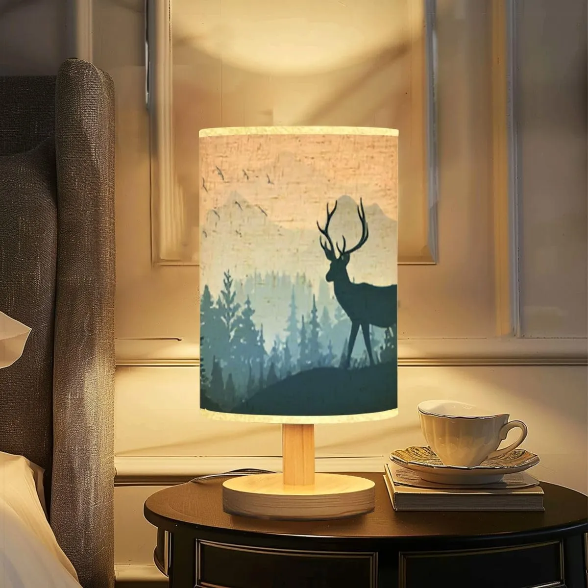 Bedside Desk Lamps, Minimalist Silhouette deer standing grass hill Mountains forest Magical misty Nightstand lamps, Small Table Lamp for Nursery Girls Kids Bedroom Classroom Living Room Dorm Decor