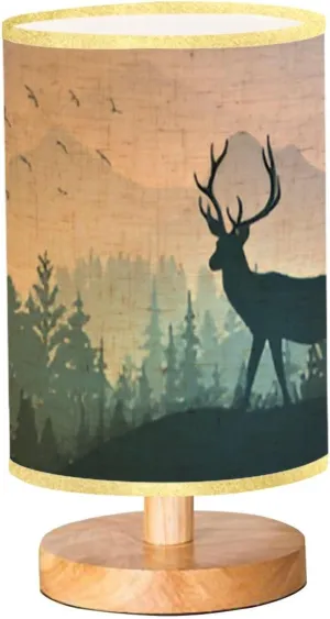 Bedside Desk Lamps, Minimalist Silhouette deer standing grass hill Mountains forest Magical misty Nightstand lamps, Small Table Lamp for Nursery Girls Kids Bedroom Classroom Living Room Dorm Decor