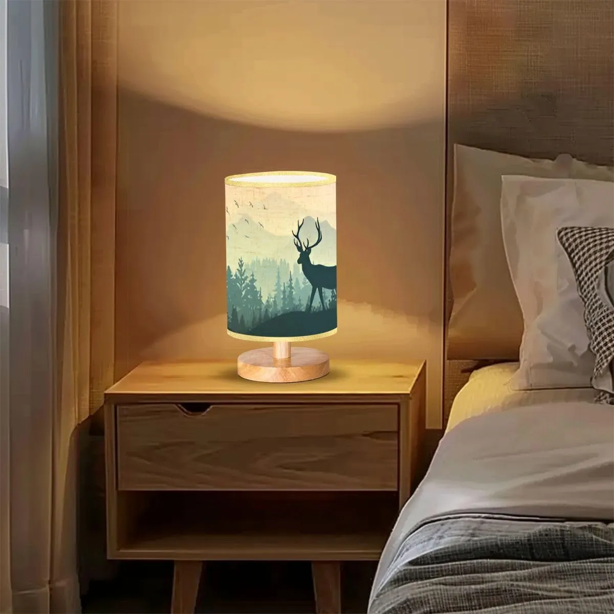Bedside Desk Lamps, Minimalist Silhouette deer standing grass hill Mountains forest Magical misty Nightstand lamps, Small Table Lamp for Nursery Girls Kids Bedroom Classroom Living Room Dorm Decor