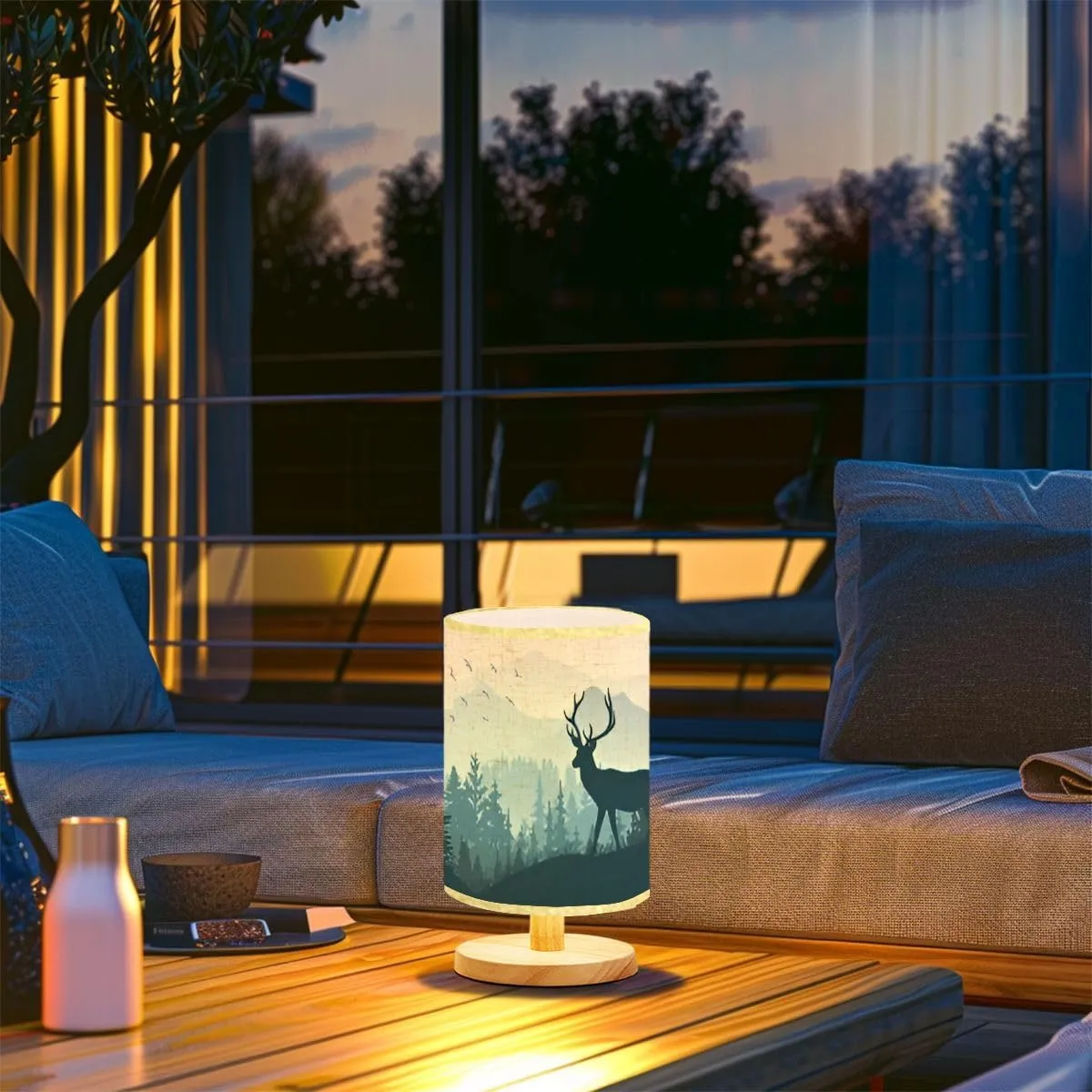 Bedside Desk Lamps, Minimalist Silhouette deer standing grass hill Mountains forest Magical misty Nightstand lamps, Small Table Lamp for Nursery Girls Kids Bedroom Classroom Living Room Dorm Decor
