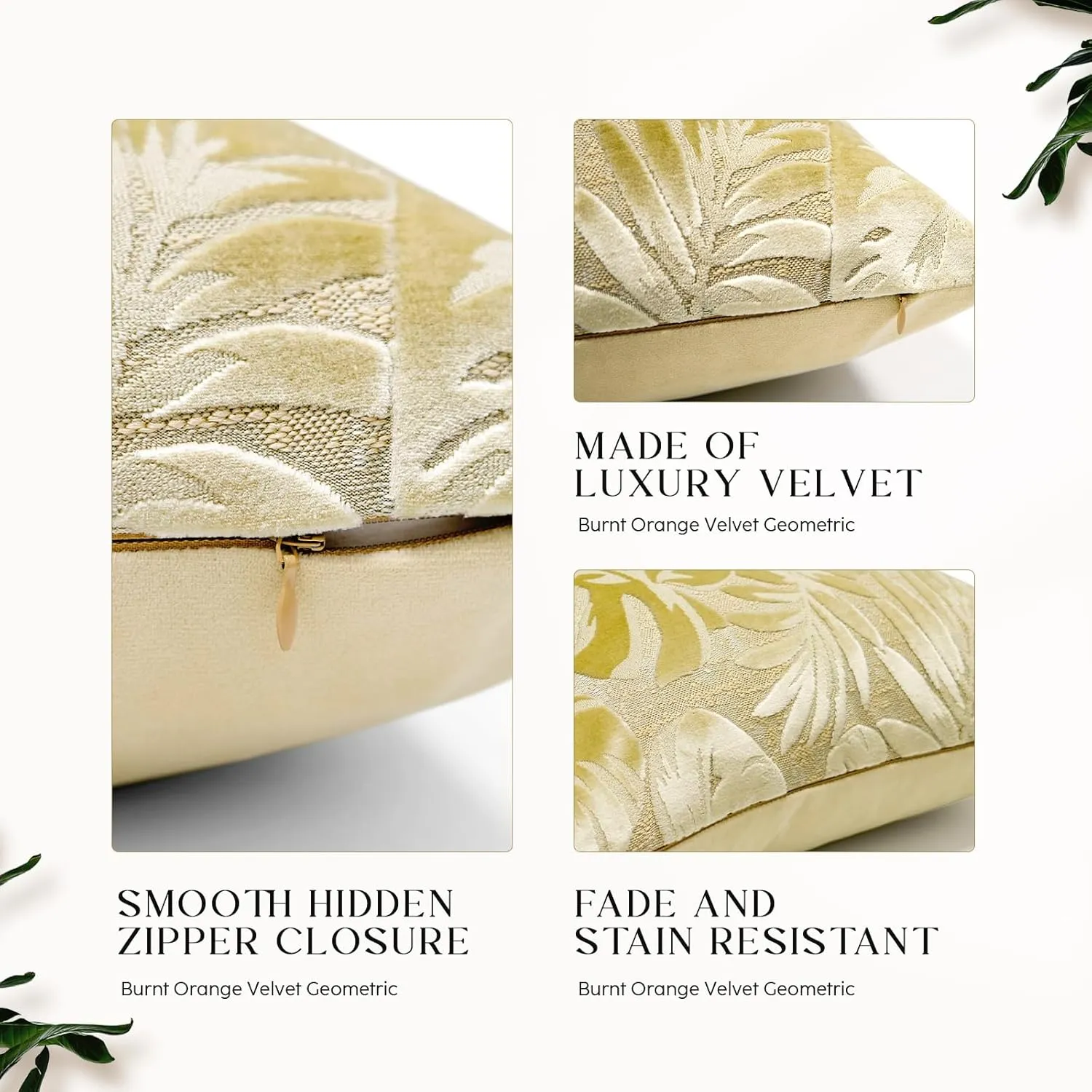 Beige Monstera Leaf Velvet Throw Pillow Cover Leaf Cushion Case Modern Zippered Pillowcase for Sofa Couch Bedroom Living Room Chair 20 x 20 Inch Beige
