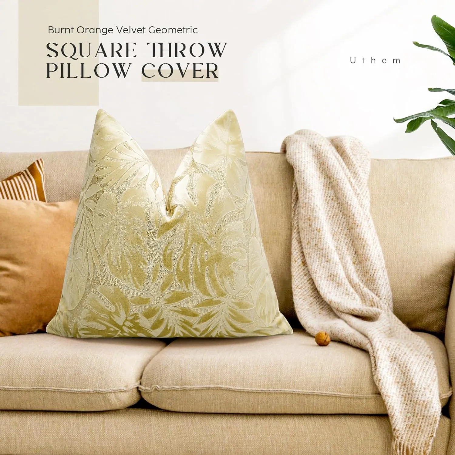 Beige Monstera Leaf Velvet Throw Pillow Cover Leaf Cushion Case Modern Zippered Pillowcase for Sofa Couch Bedroom Living Room Chair 20 x 20 Inch Beige