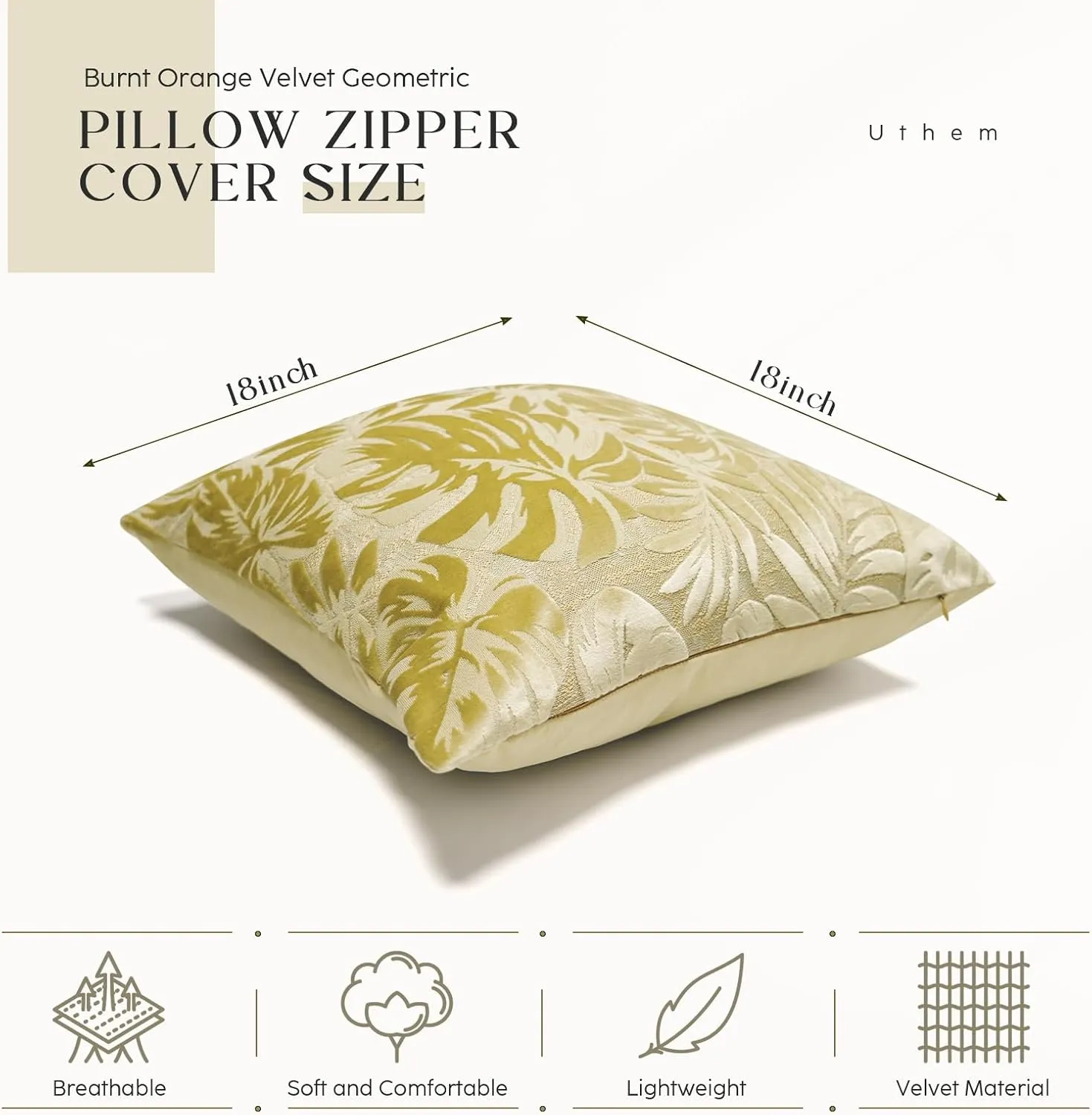 Beige Monstera Leaf Velvet Throw Pillow Cover Leaf Cushion Case Modern Zippered Pillowcase for Sofa Couch Bedroom Living Room Chair 20 x 20 Inch Beige