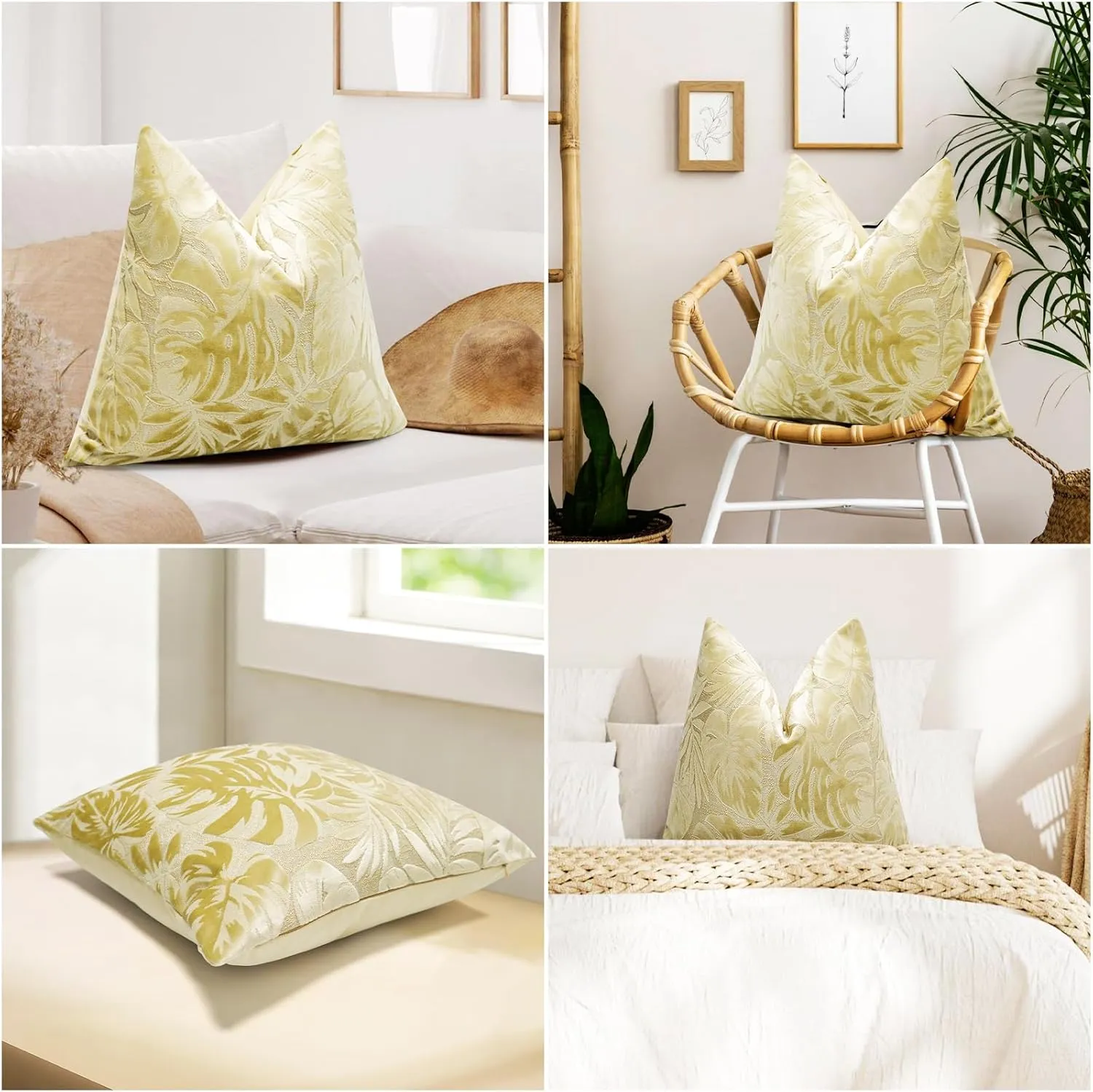 Beige Monstera Leaf Velvet Throw Pillow Cover Leaf Cushion Case Modern Zippered Pillowcase for Sofa Couch Bedroom Living Room Chair 20 x 20 Inch Beige
