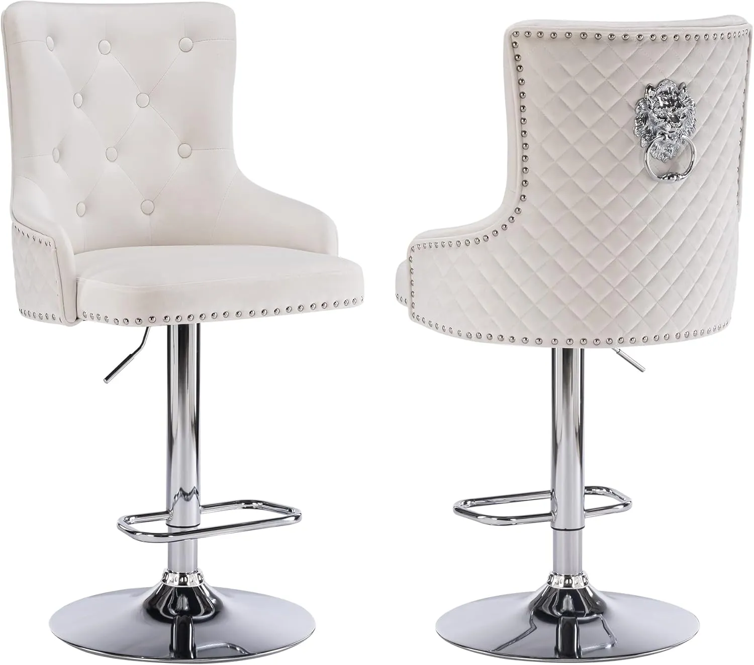 Beige Velvet Bar Stools Set of 2 with High Tufted Backrest, Lion Pull Ring, Chrome Base Footrest for Kitchen Island