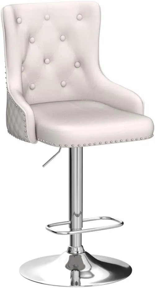 Beige Velvet Bar Stools Set of 2 with High Tufted Backrest, Lion Pull Ring, Chrome Base Footrest for Kitchen Island