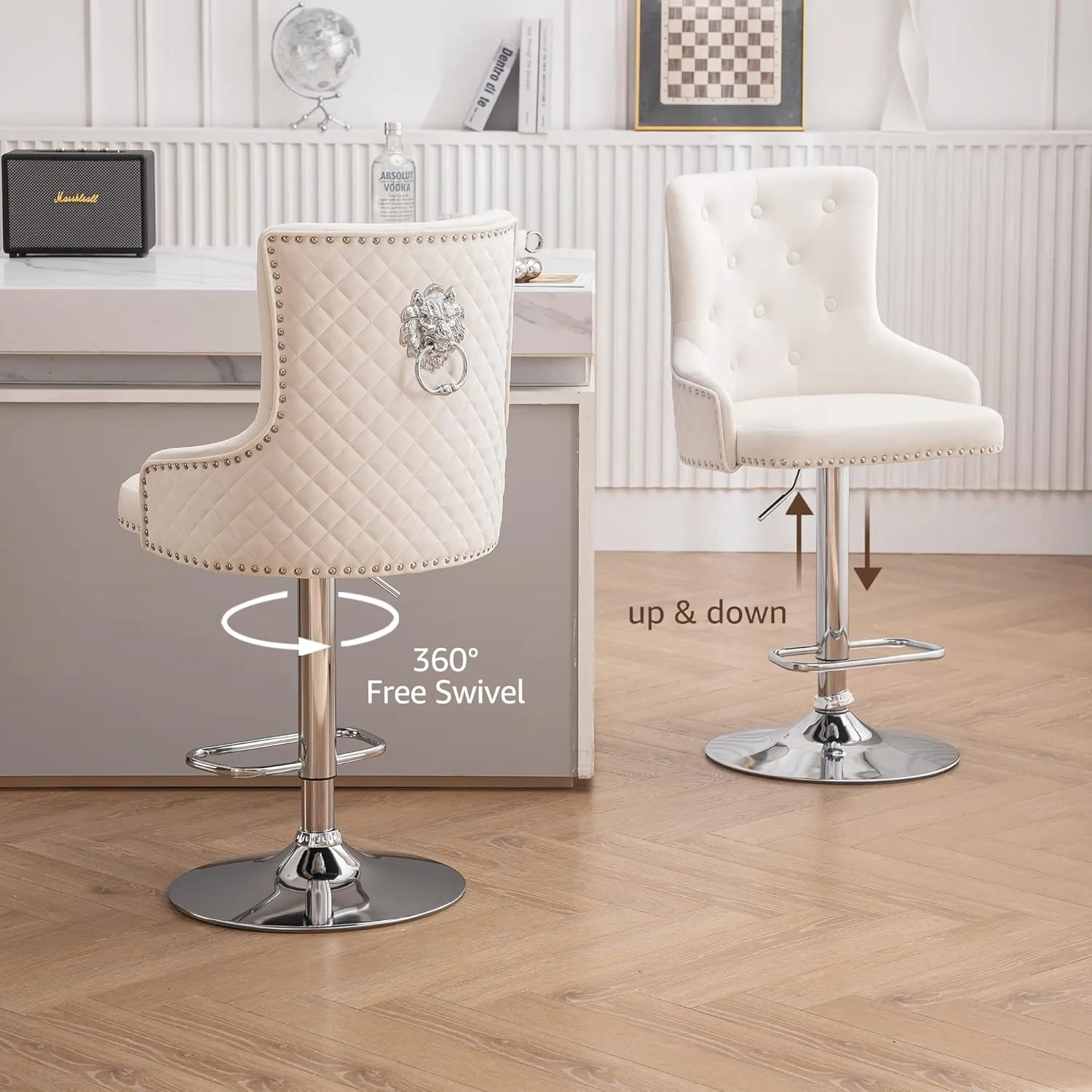 Beige Velvet Bar Stools Set of 2 with High Tufted Backrest, Lion Pull Ring, Chrome Base Footrest for Kitchen Island