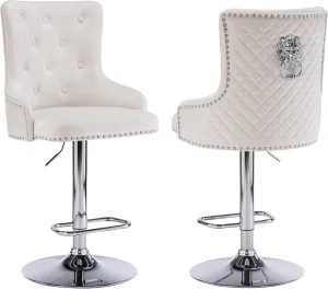 Beige Velvet Bar Stools Set of 2 with High Tufted Backrest, Lion Pull Ring, Chrome Base Footrest for Kitchen Island