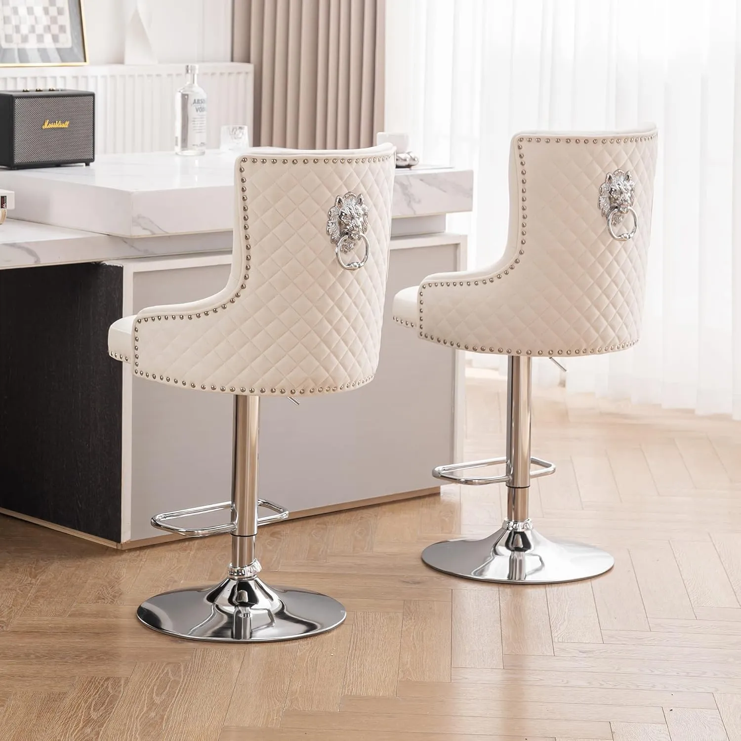 Beige Velvet Bar Stools Set of 2 with High Tufted Backrest, Lion Pull Ring, Chrome Base Footrest for Kitchen Island