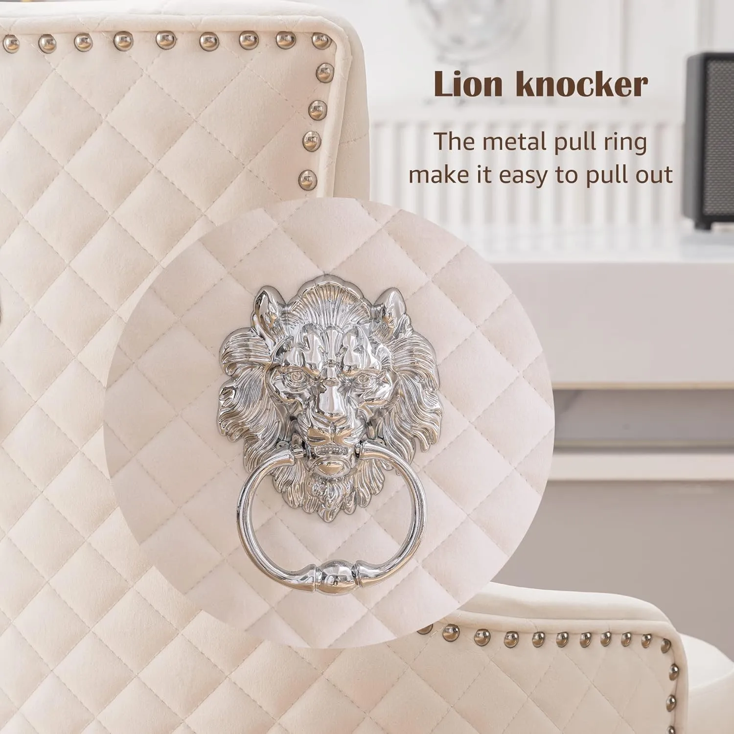 Beige Velvet Bar Stools Set of 2 with High Tufted Backrest, Lion Pull Ring, Chrome Base Footrest for Kitchen Island