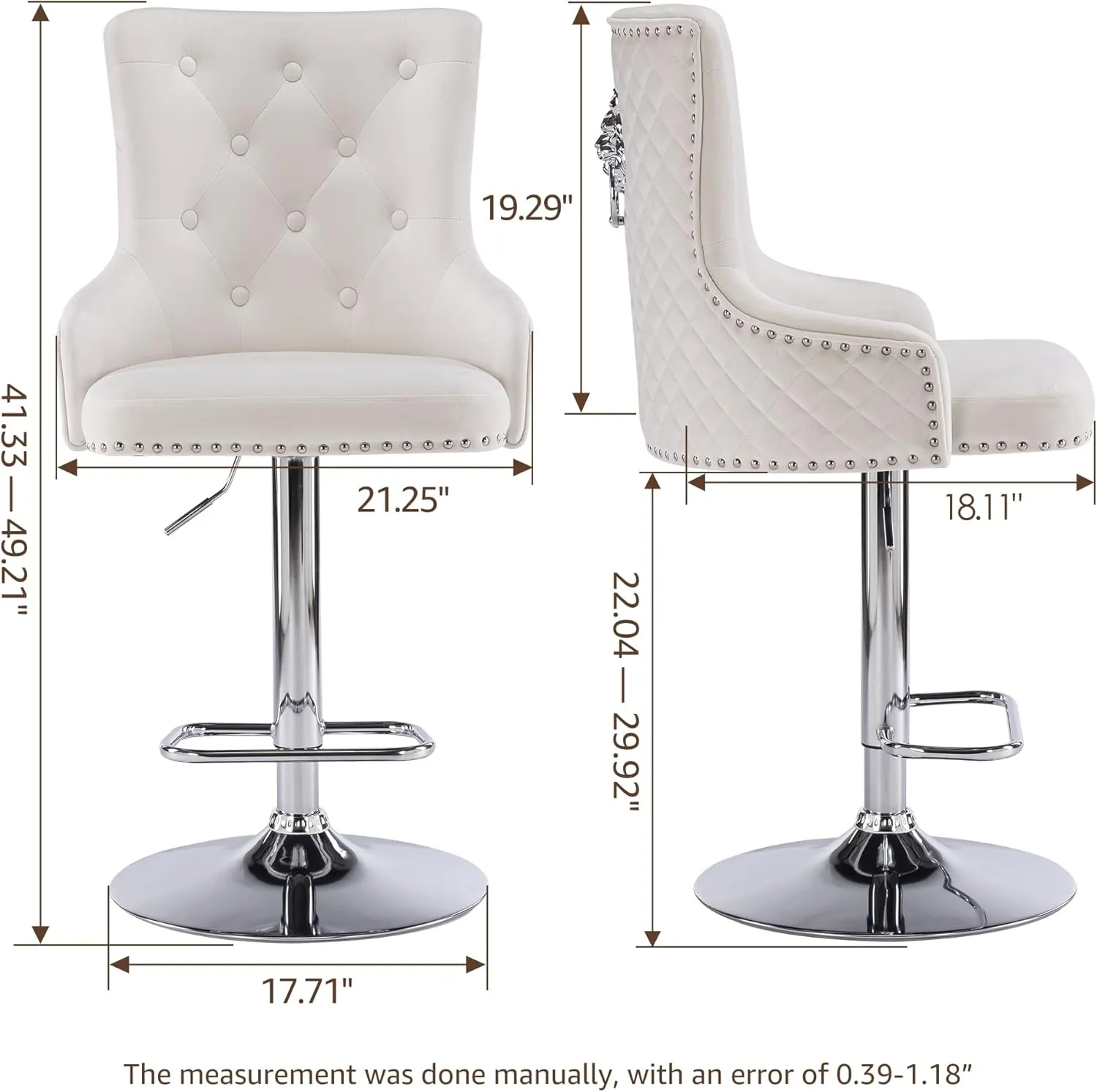 Beige Velvet Bar Stools Set of 2 with High Tufted Backrest, Lion Pull Ring, Chrome Base Footrest for Kitchen Island