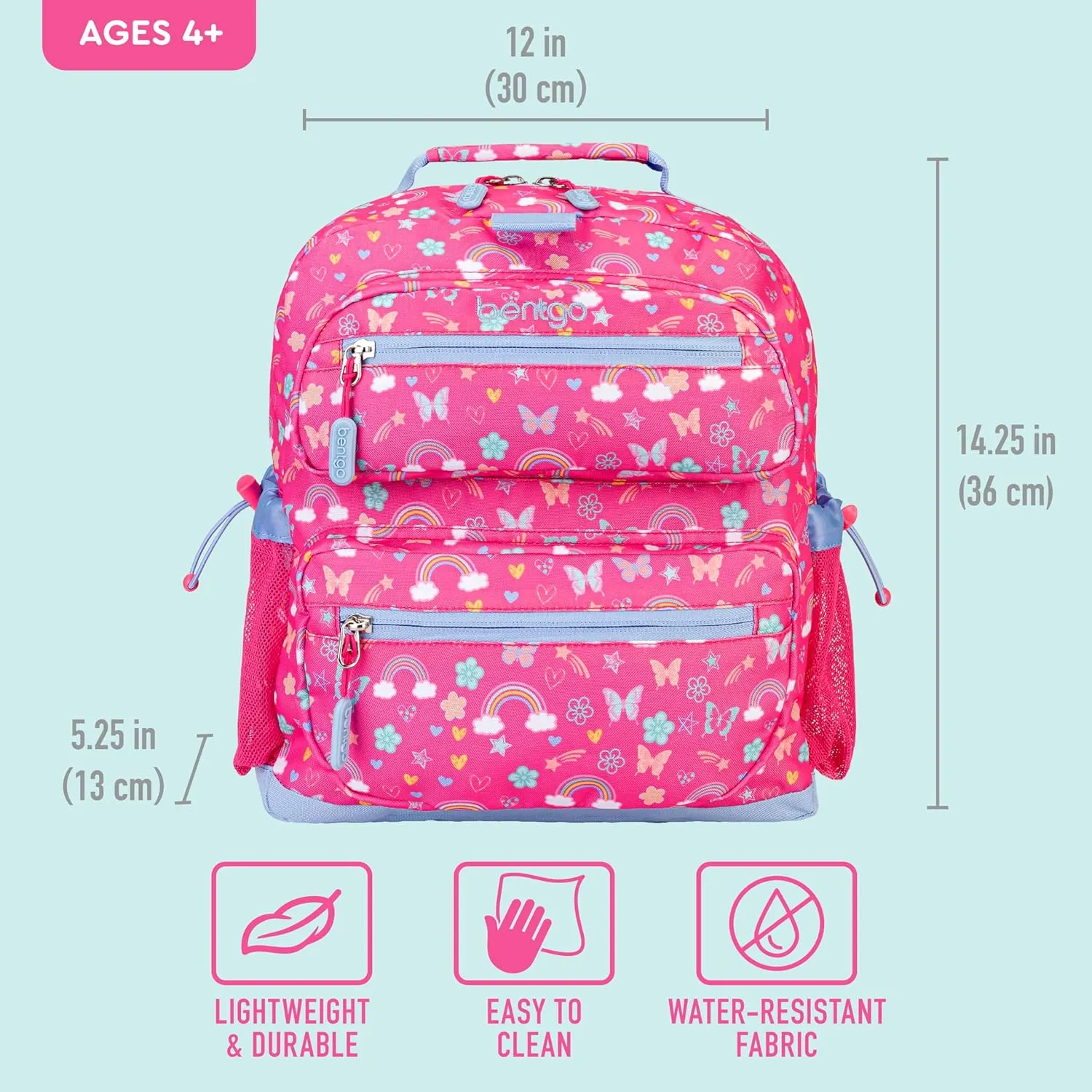 Bentgo Kids Backpack - Lightweight 14” Backpack in Fun Prints for School, Travel, & Daycare, Ideal for Ages 4 , Roomy Interior, Durable & Water-Resistant Fabric, & Loop for Lunch Bag (Rainbows)