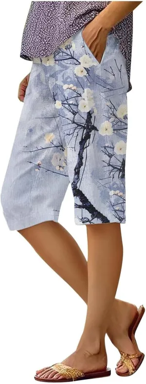 Bermuda Shorts for Women Trendy High Waist Knee Length Short Pants Comfy Summer Boho Floral Print Shorts with Pocket