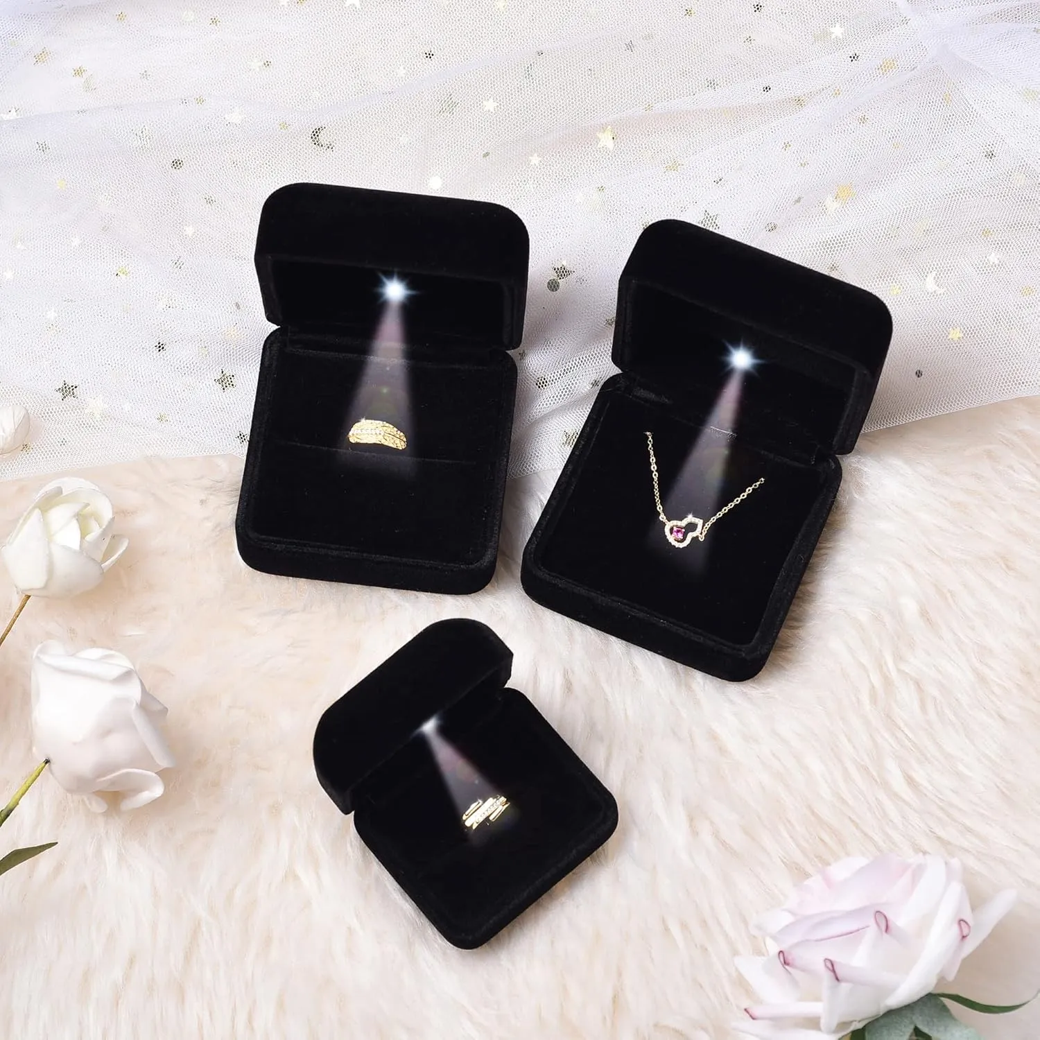 Big Size Velvet Metal Glossy with LED Jewelry Gift Box for Proposal, Engagement, Wedding - Suitable for a pair of rings
