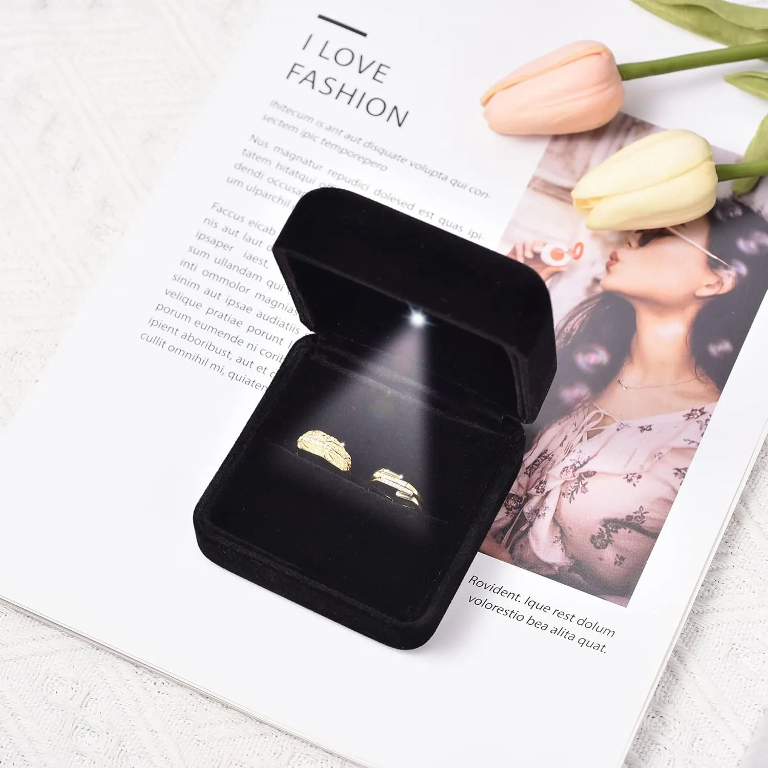 Big Size Velvet Metal Glossy with LED Jewelry Gift Box for Proposal, Engagement, Wedding - Suitable for a pair of rings