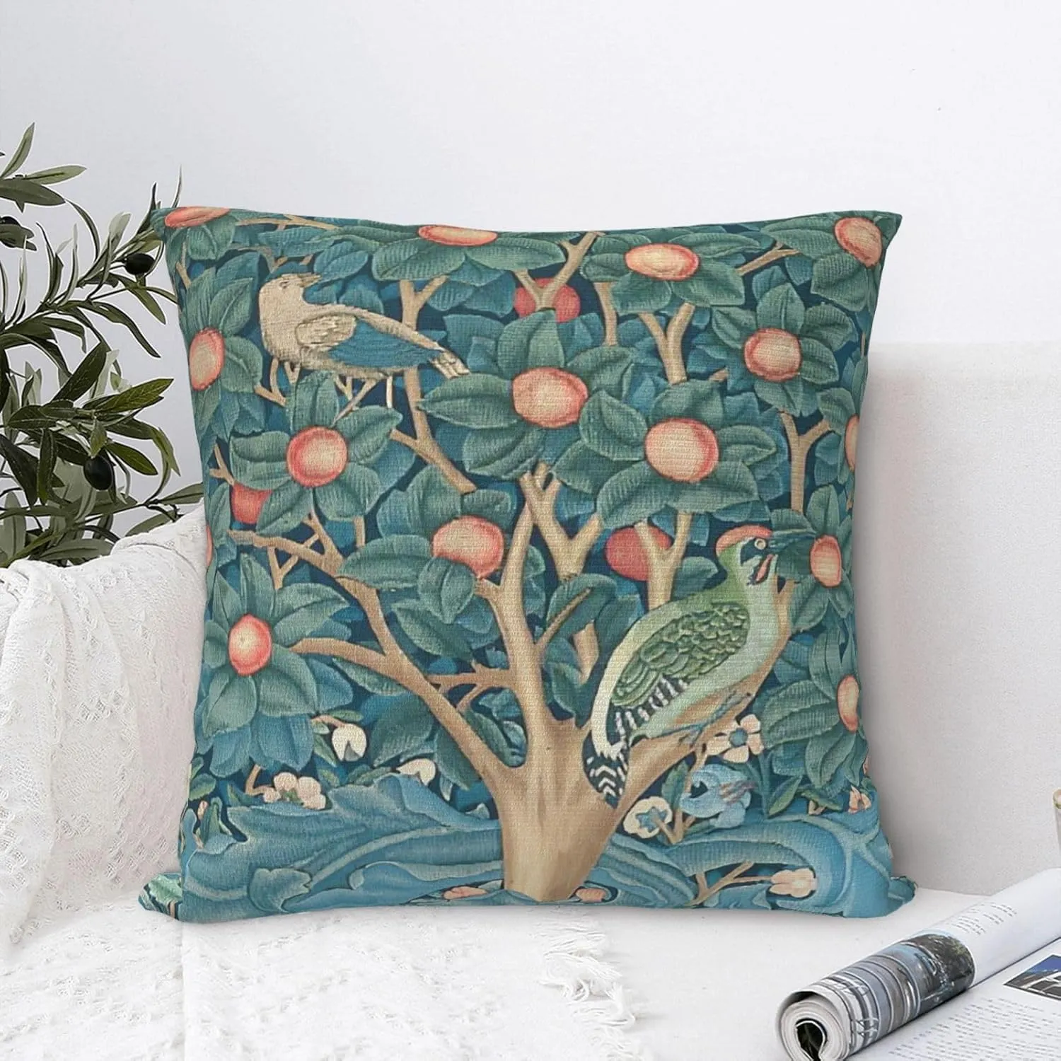 Bird William Morris Greenery Forest Animals Pheasant Fox Blue Green Floral Decorative Throw Pillow Covers 18x18 inch Cozy Soft Pillowcase Aesthetic Cushion Cover for Home Decor Sofa Living Room