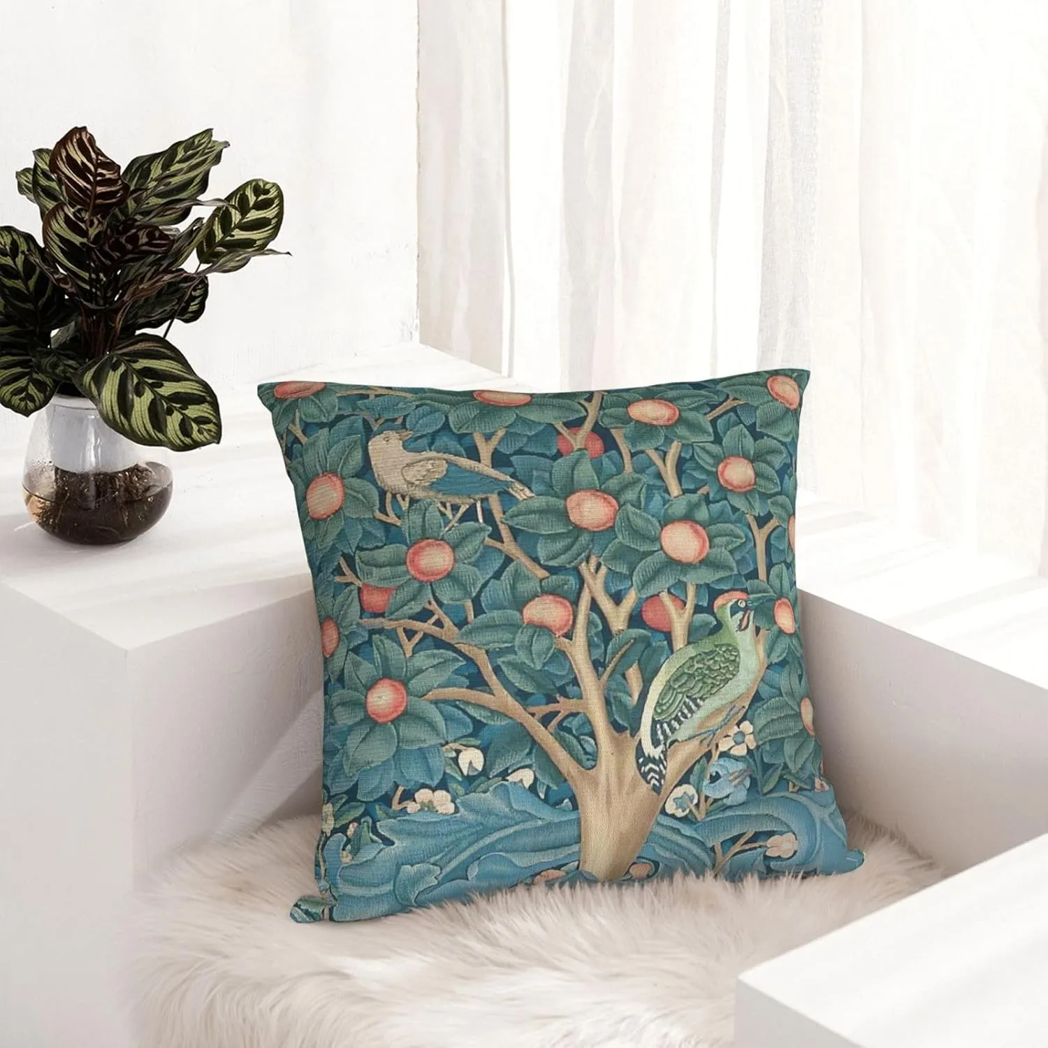 Bird William Morris Greenery Forest Animals Pheasant Fox Blue Green Floral Decorative Throw Pillow Covers 18x18 inch Cozy Soft Pillowcase Aesthetic Cushion Cover for Home Decor Sofa Living Room