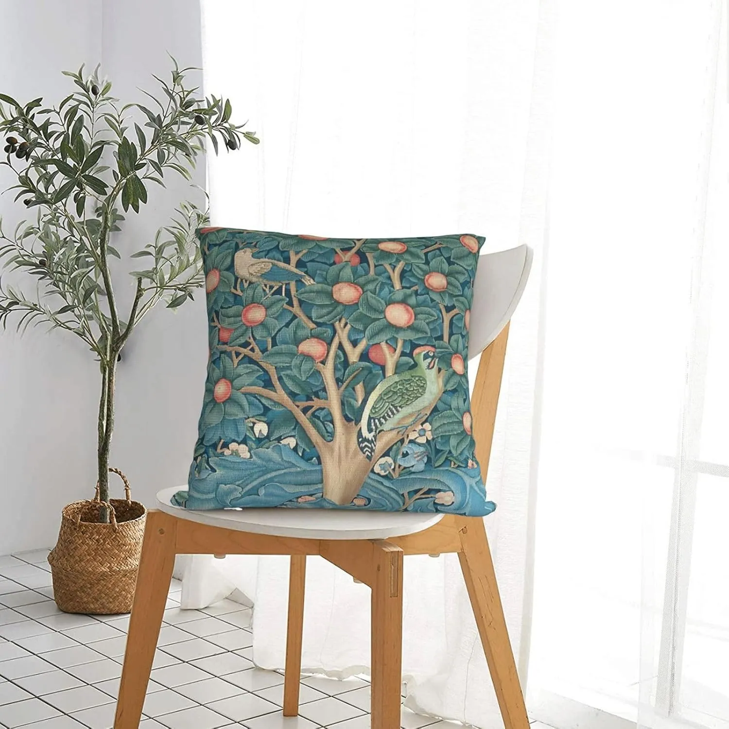 Bird William Morris Greenery Forest Animals Pheasant Fox Blue Green Floral Decorative Throw Pillow Covers 18x18 inch Cozy Soft Pillowcase Aesthetic Cushion Cover for Home Decor Sofa Living Room