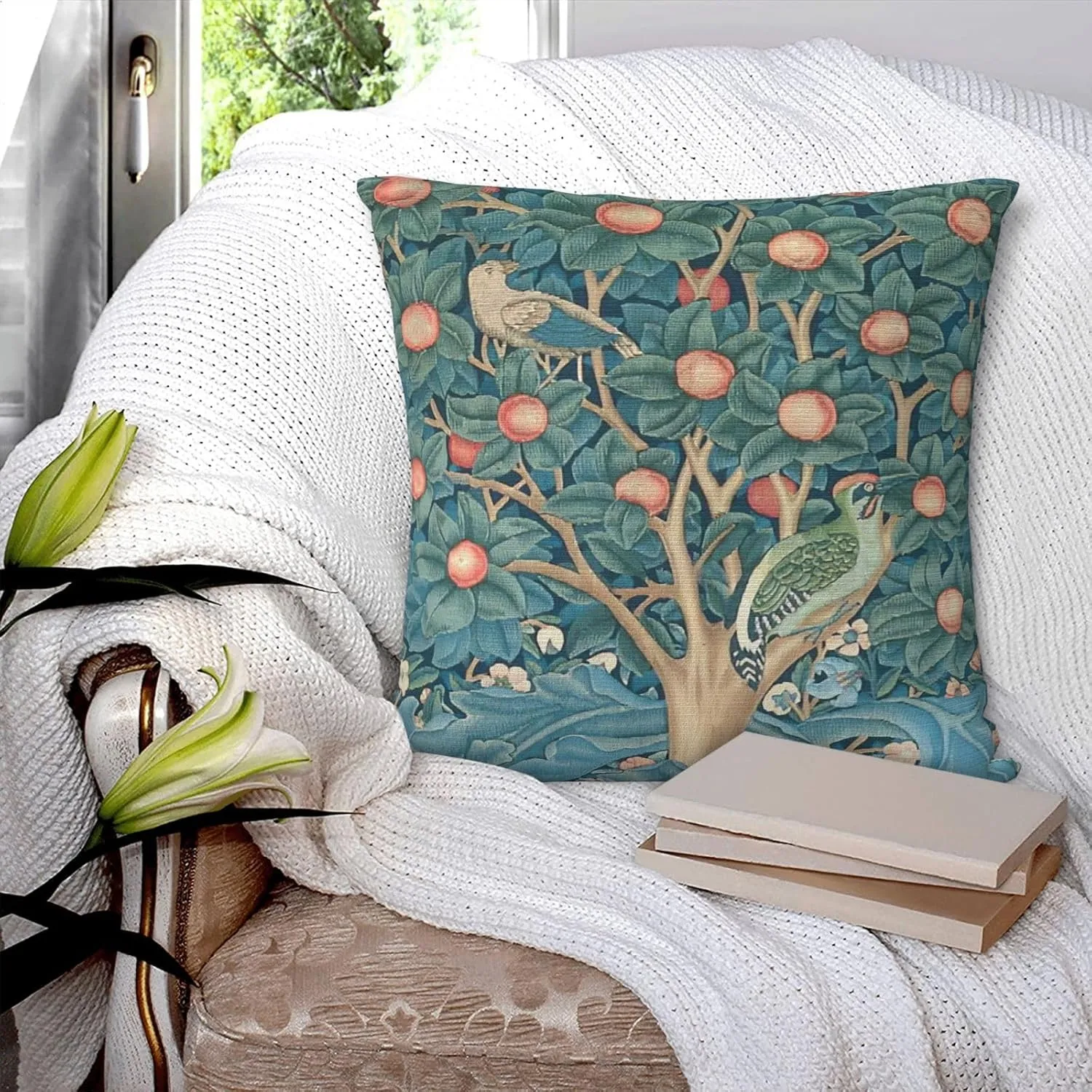 Bird William Morris Greenery Forest Animals Pheasant Fox Blue Green Floral Decorative Throw Pillow Covers 18x18 inch Cozy Soft Pillowcase Aesthetic Cushion Cover for Home Decor Sofa Living Room