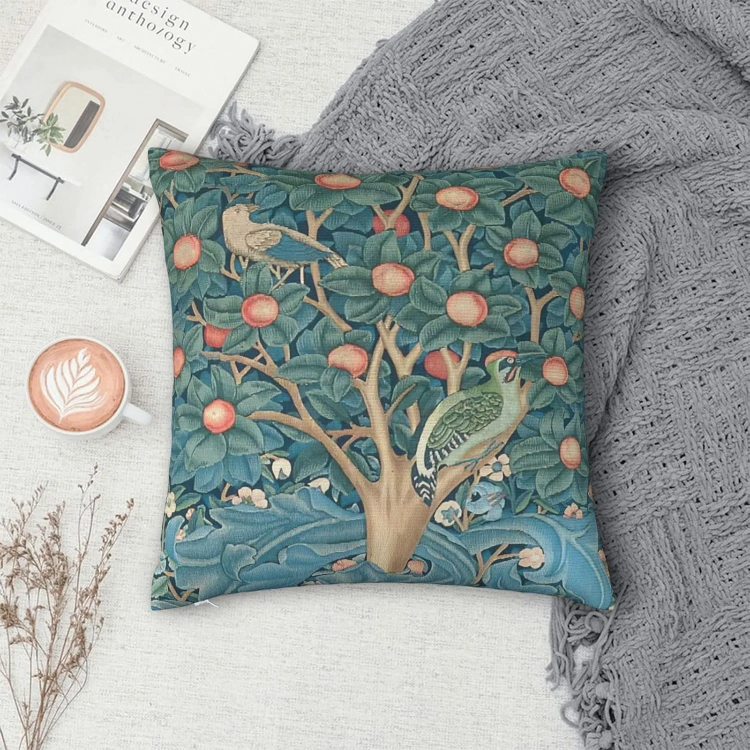 Bird William Morris Greenery Forest Animals Pheasant Fox Blue Green Floral Decorative Throw Pillow Covers 18x18 inch Cozy Soft Pillowcase Aesthetic Cushion Cover for Home Decor Sofa Living Room