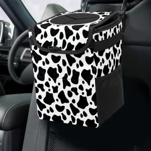 Black and White Cow Print Small Auto Garbage Bag with Lid Hanging for Front Seat Accessories - Collapsible Waterproof Car Storage Container Box Fits SUV Truck Sedan