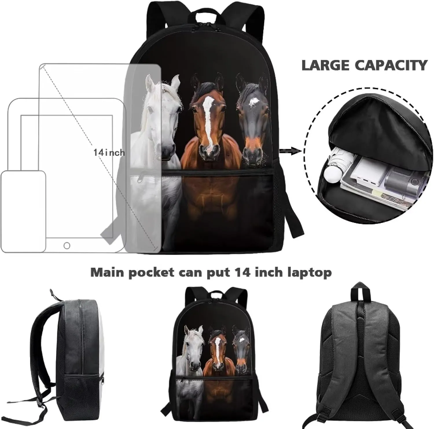 Black Horses Print Kids Children School Backpack 17 inch Bookbags Casual Travel Rucksack Boys Girls Large Capacity Daypack