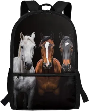 Black Horses Print Kids Children School Backpack 17 inch Bookbags Casual Travel Rucksack Boys Girls Large Capacity Daypack