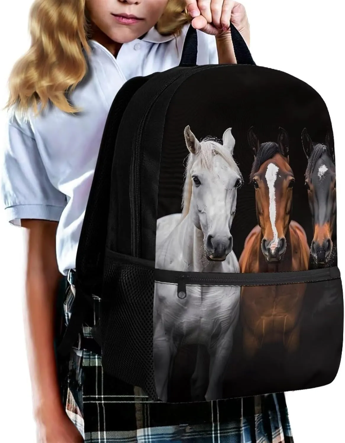 Black Horses Print Kids Children School Backpack 17 inch Bookbags Casual Travel Rucksack Boys Girls Large Capacity Daypack