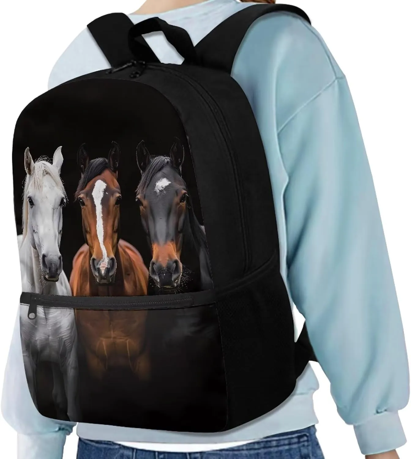 Black Horses Print Kids Children School Backpack 17 inch Bookbags Casual Travel Rucksack Boys Girls Large Capacity Daypack