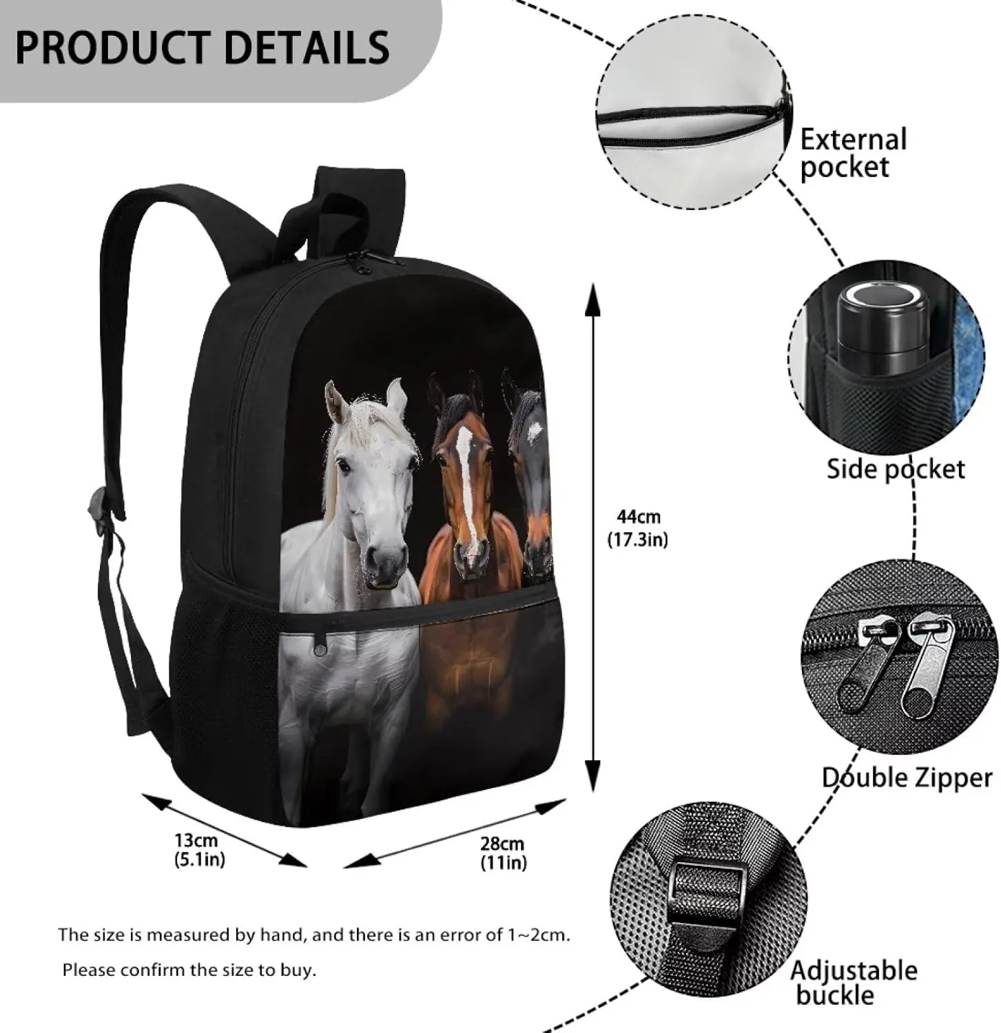 Black Horses Print Kids Children School Backpack 17 inch Bookbags Casual Travel Rucksack Boys Girls Large Capacity Daypack